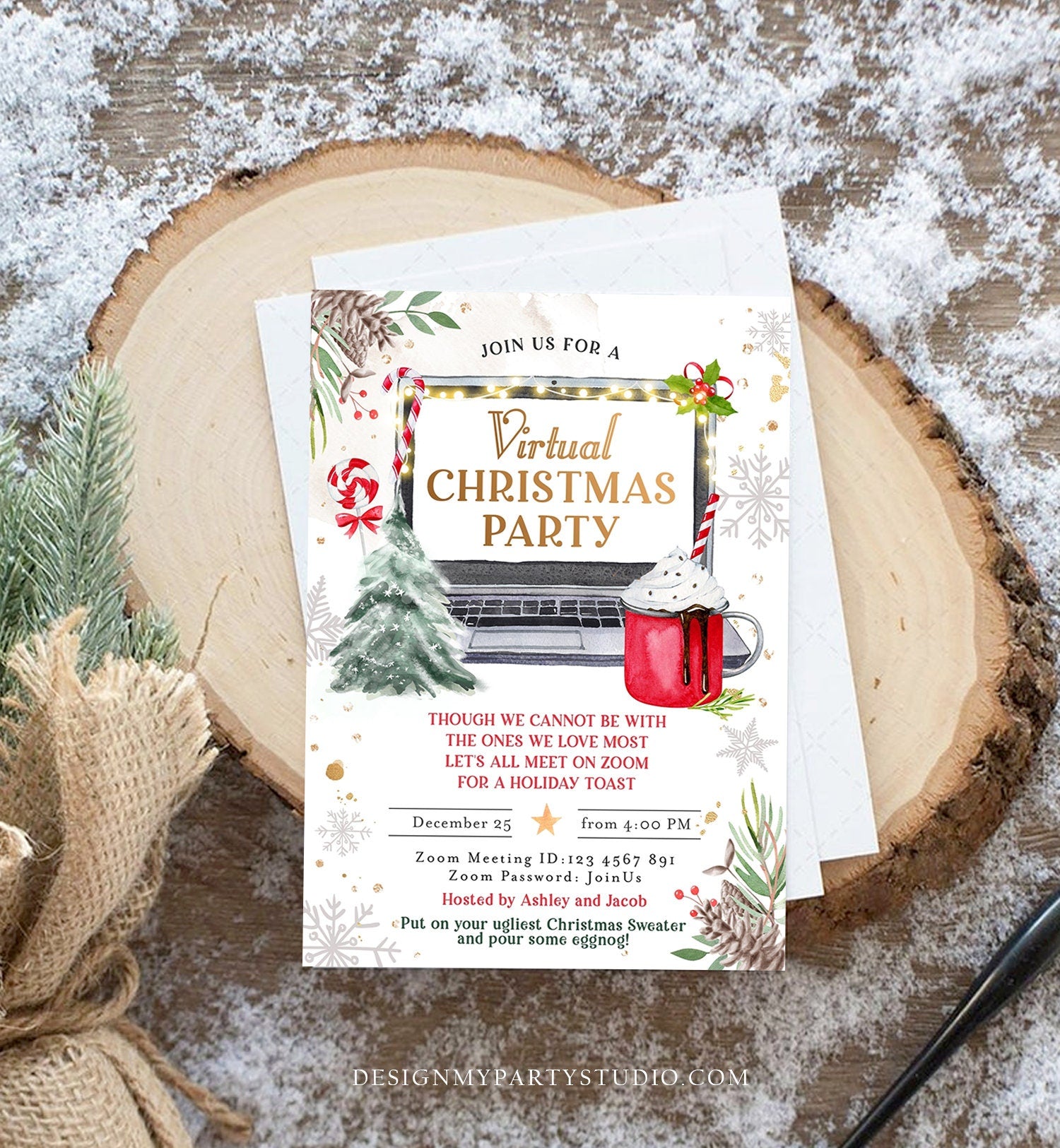 Editable Virtual Christmas Party Invitation Christmas Toast Zoom Laptop Online Meeting Digital Download Evite Template Printable 0356