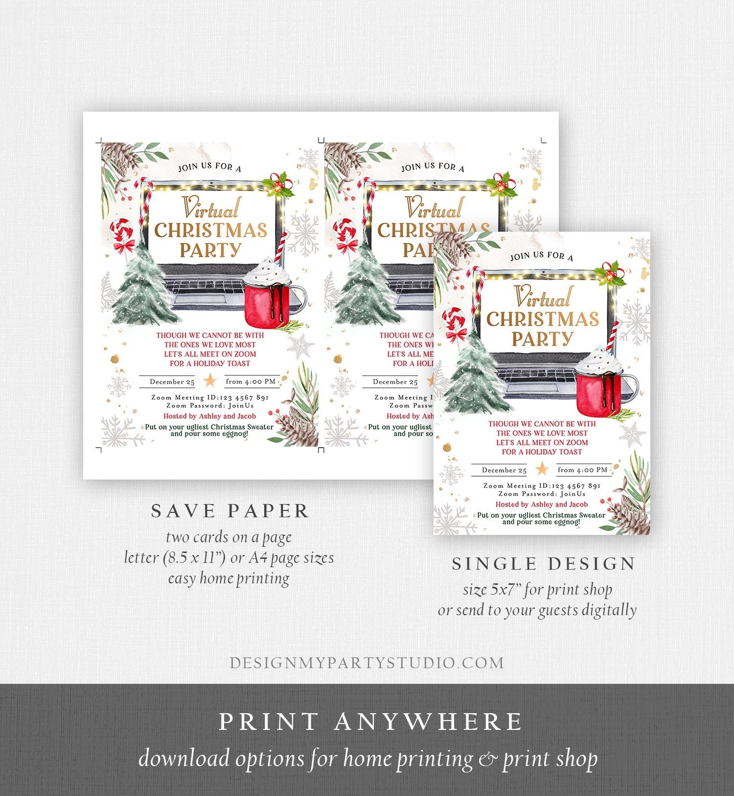 Editable Virtual Christmas Party Invitation Christmas Toast Zoom Laptop Online Meeting Digital Download Evite Template Printable 0356