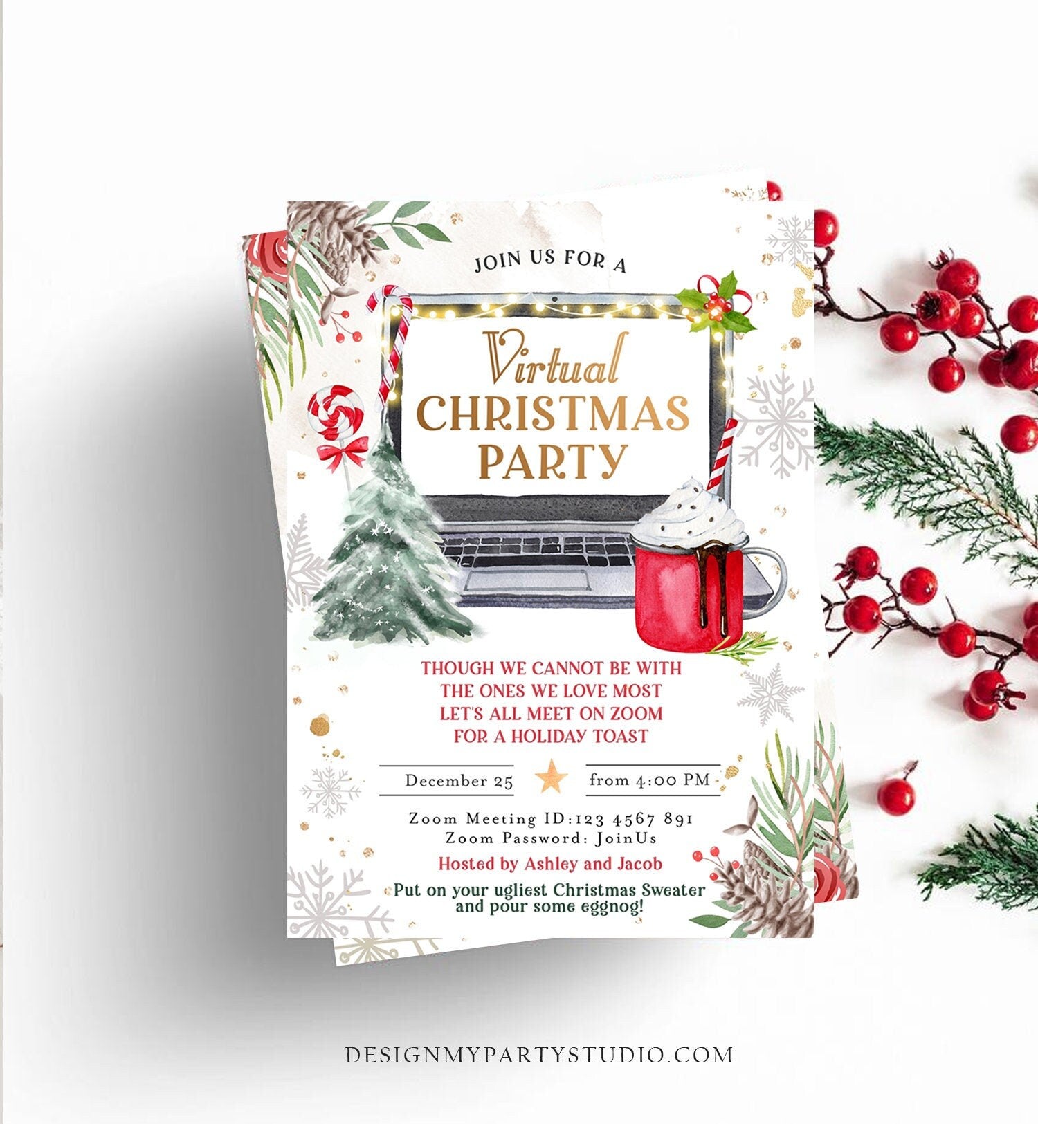 Editable Virtual Christmas Party Invitation Christmas Toast Zoom Laptop Online Meeting Digital Download Evite Template Printable 0356