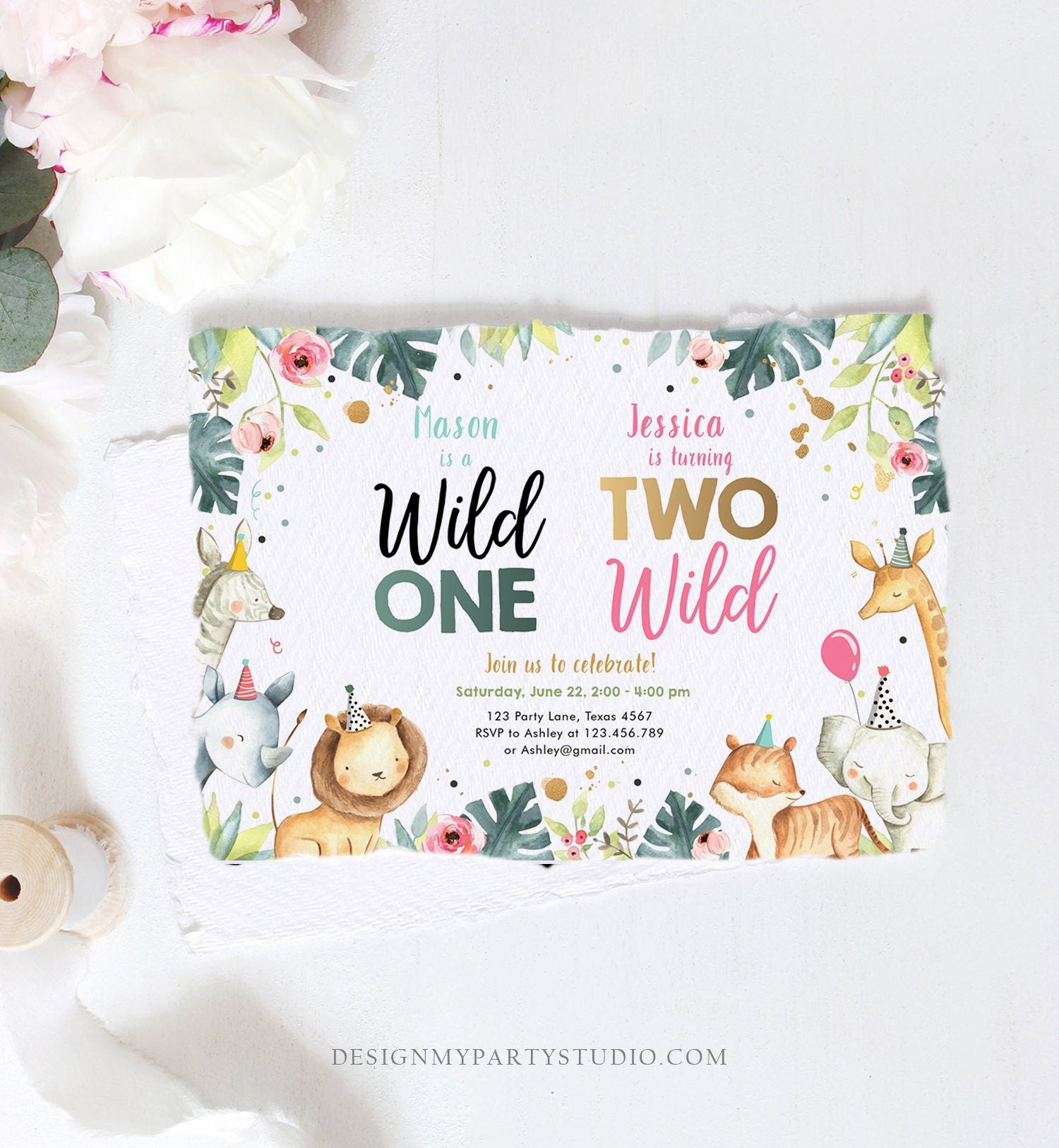 Editable Joint Safari Birthday Invitation Boy Girl Wild One Two Wild Safari Animals Party Animals First Second Corjl Template Printable 0163