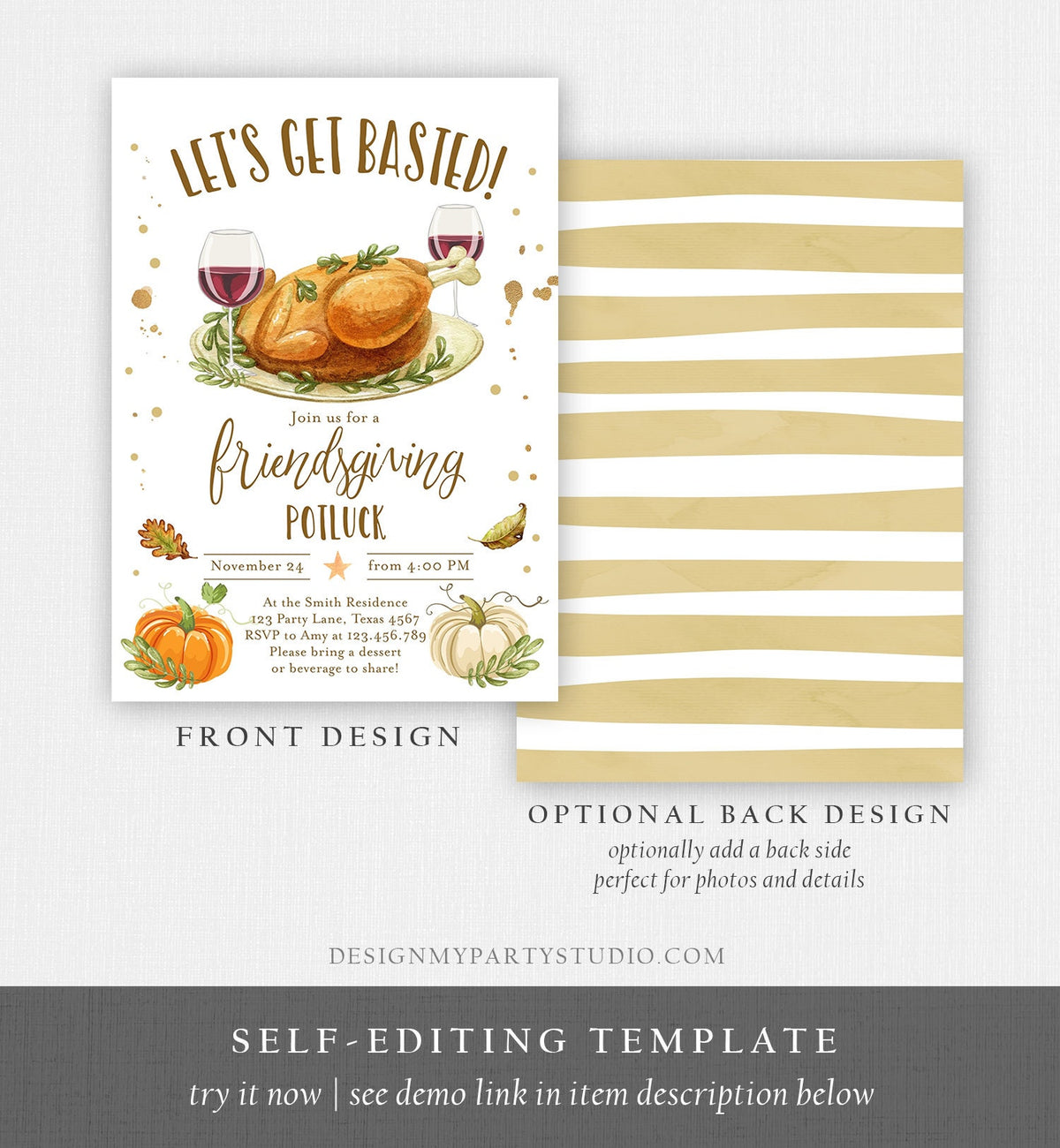 Editable Friendsgiving Invitation Rustic Turkey Lets Get Basted Thanksgiving Invitation Potluck Personalized Printable Template Corjl 0361