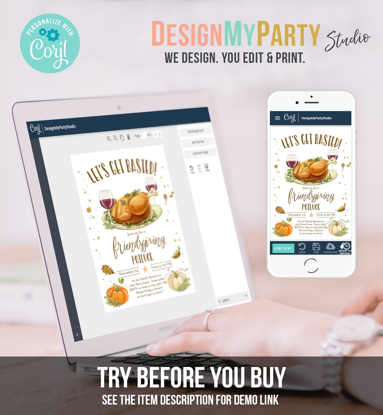 Editable Friendsgiving Invitation Rustic Turkey Lets Get Basted Thanksgiving Invitation Potluck Personalized Printable Template Corjl 0361