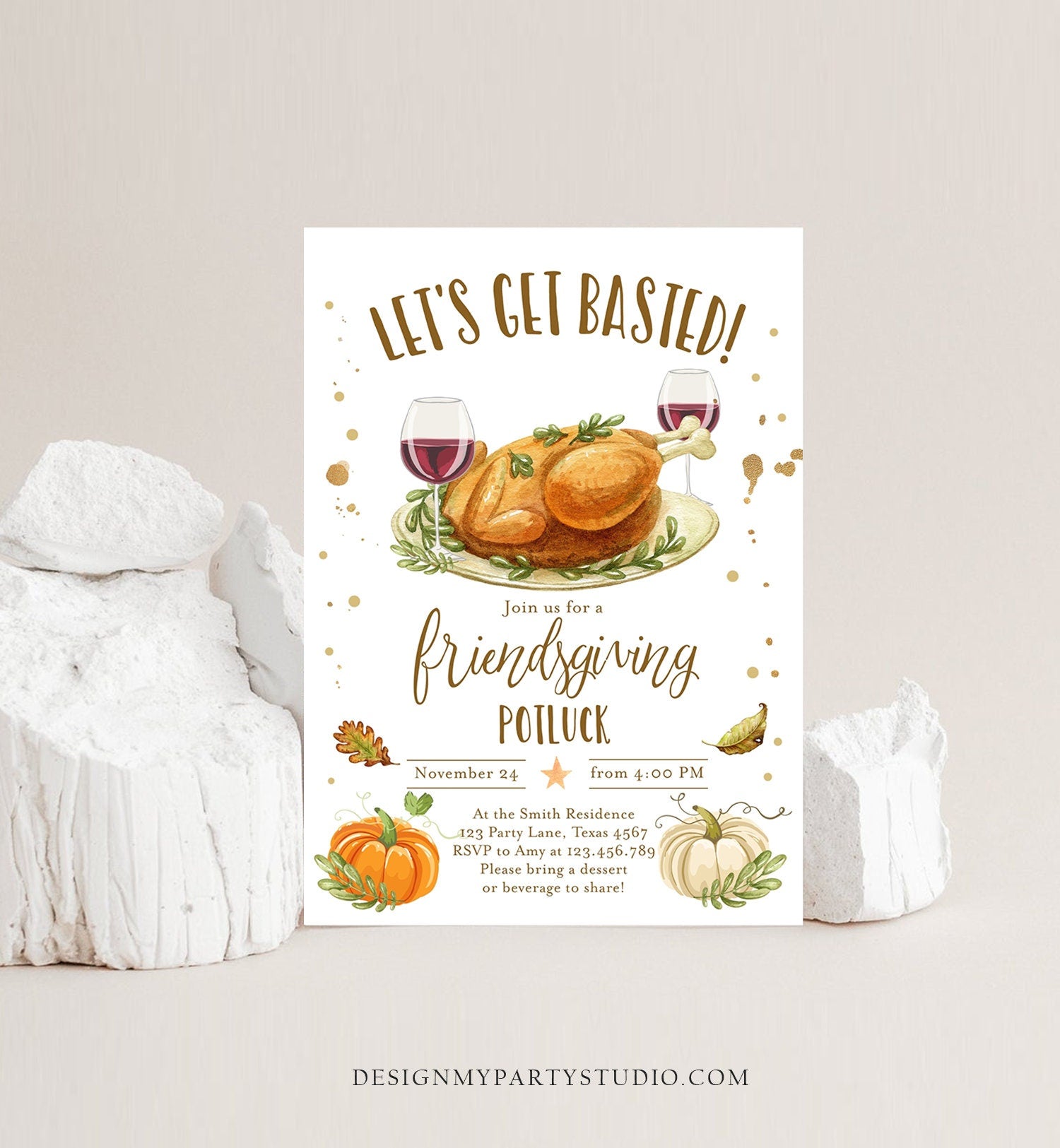 Editable Friendsgiving Invitation Rustic Turkey Lets Get Basted Thanksgiving Invitation Potluck Personalized Printable Template Corjl 0361