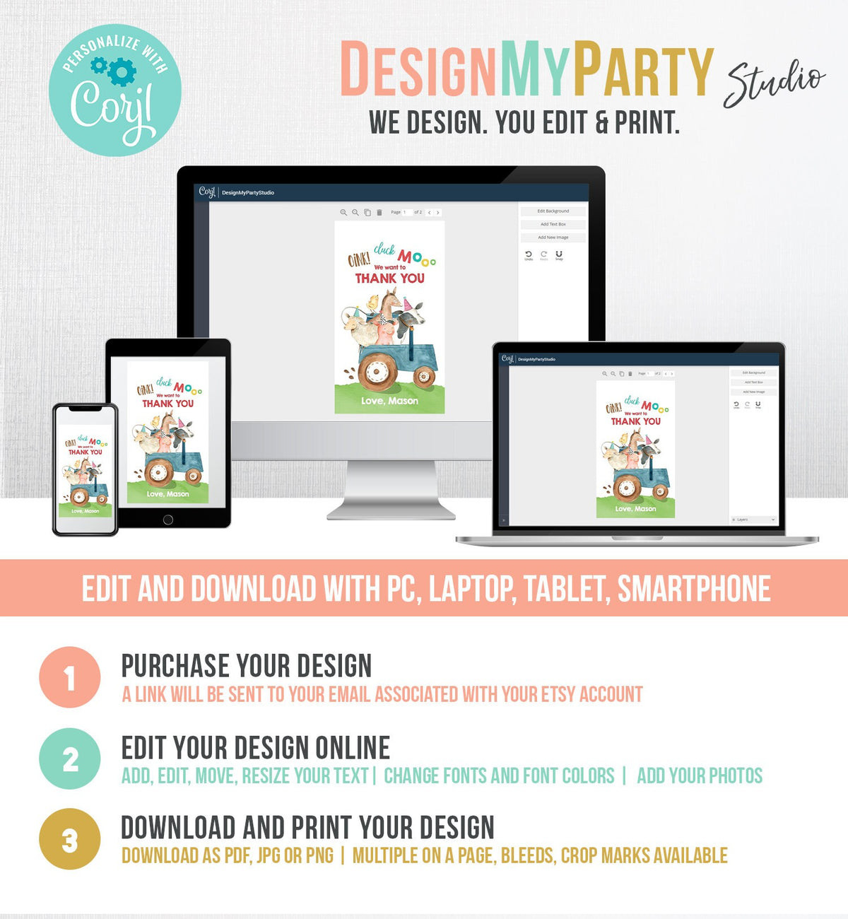 Editable Farm Favor Tags Tags Boy Farm Birthday Thank you tags Barnyard Gift Tags Blue Tractor Digital Download Template Printable 0155