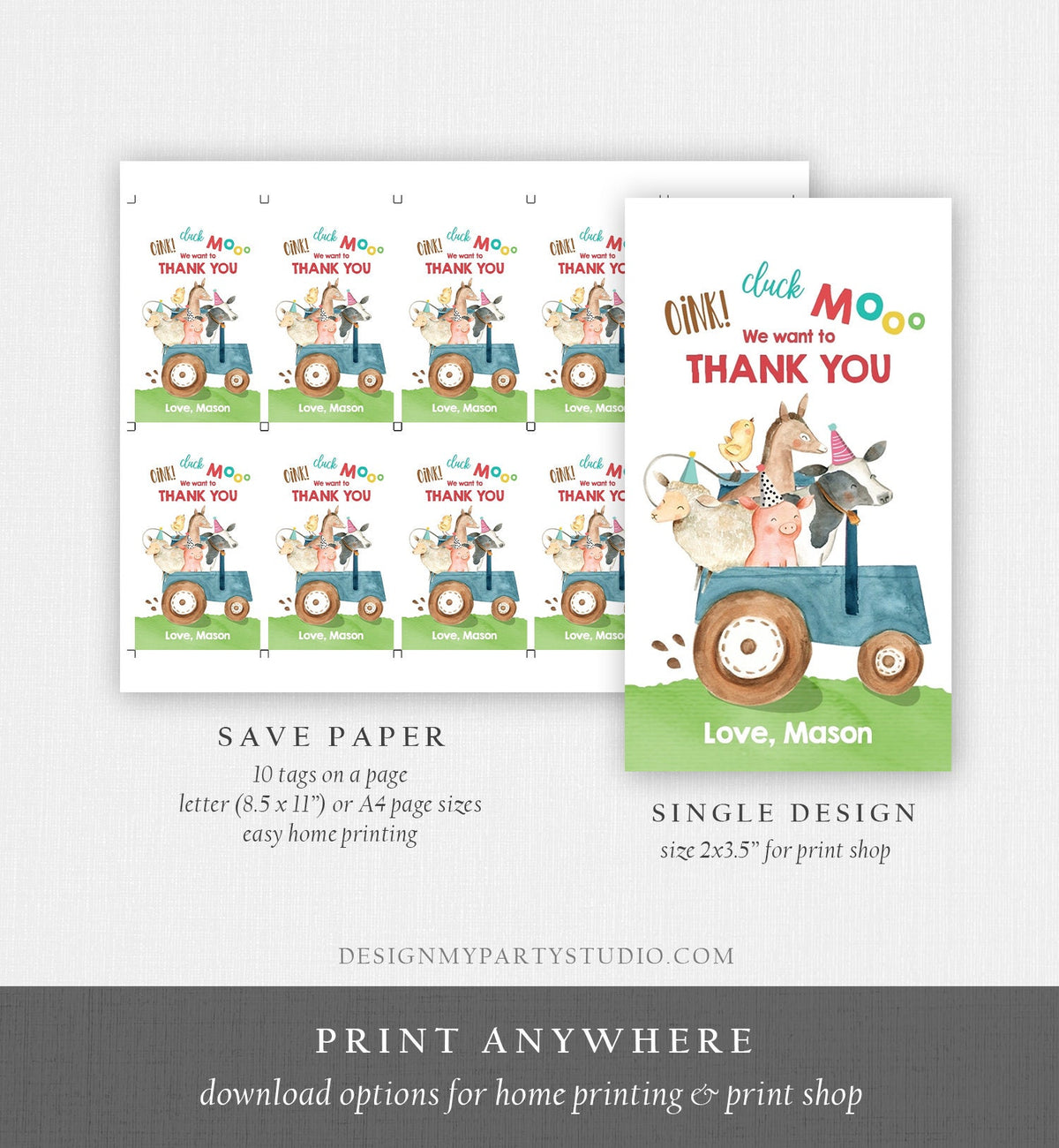 Editable Farm Favor Tags Tags Boy Farm Birthday Thank you tags Barnyard Gift Tags Blue Tractor Digital Download Template Printable 0155