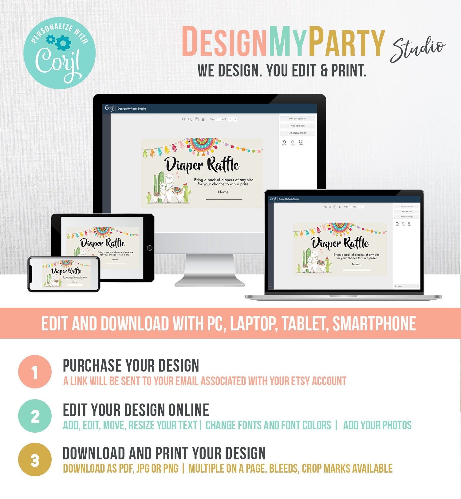 Editable Llama Diaper Raffle Ticket Fiesta Baby Shower Gender Neutral Diaper Game Insert Succulent Mexican Digital Template Printable 0079