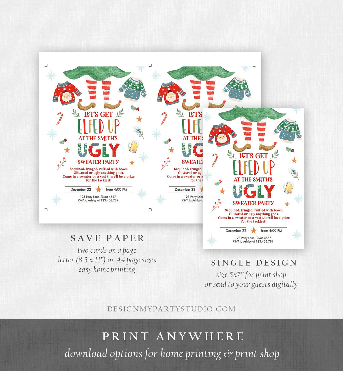 Editable Let&#39;s Get Elfed Up Christmas Party Invitation Framily Holiday Ugly Sweater Digital Evite Elf Digital Template Printable 0354