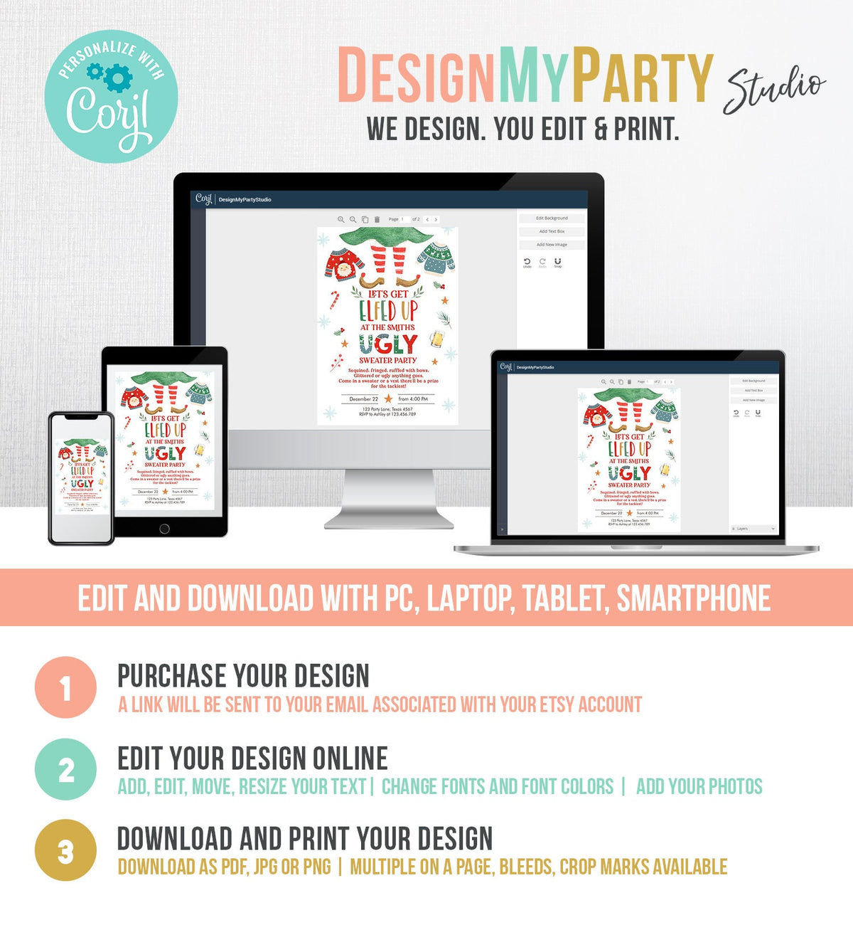 Editable Let&#39;s Get Elfed Up Christmas Party Invitation Framily Holiday Ugly Sweater Digital Evite Elf Digital Template Printable 0354