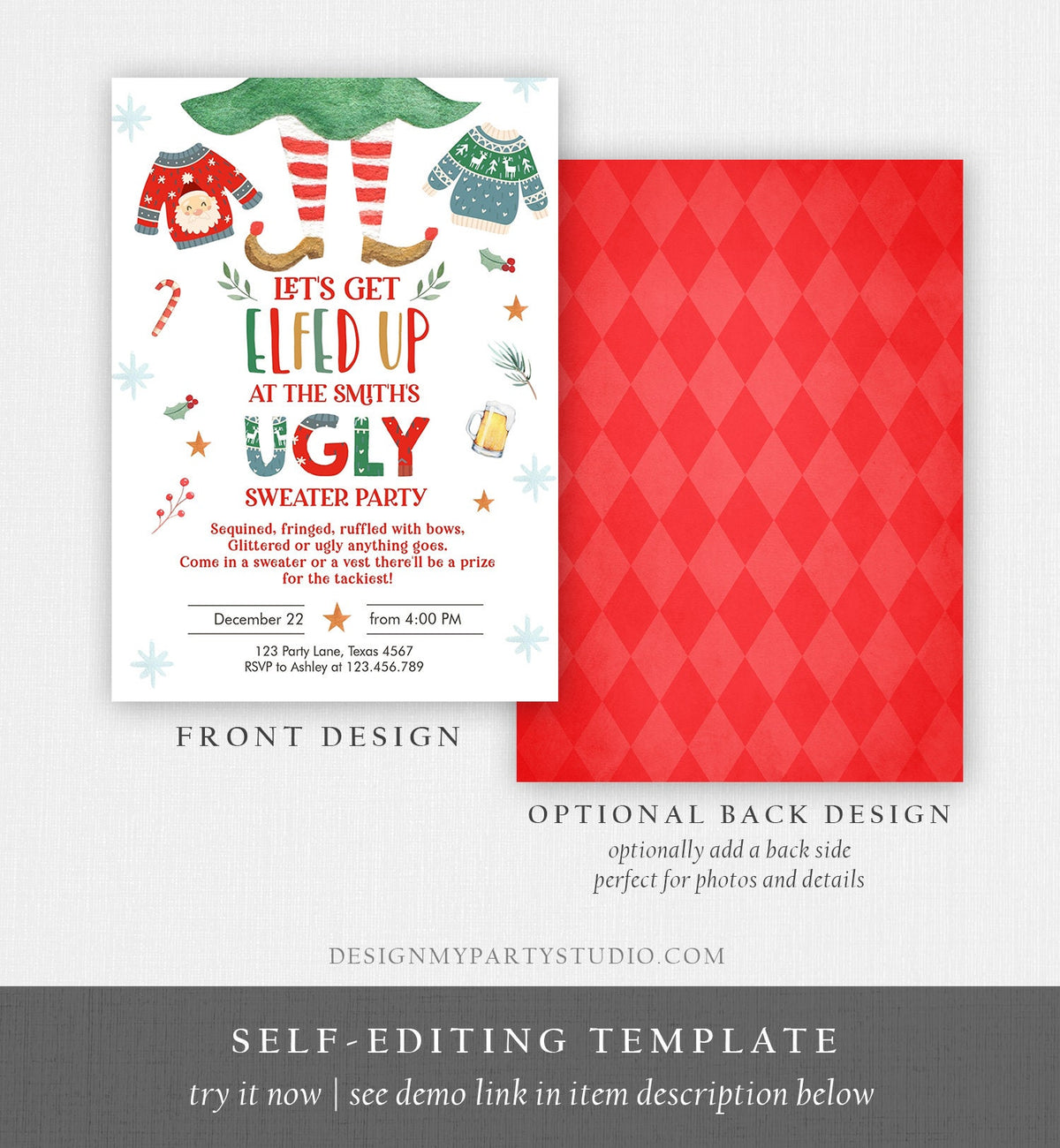 Editable Let&#39;s Get Elfed Up Christmas Party Invitation Framily Holiday Ugly Sweater Digital Evite Elf Digital Template Printable 0354