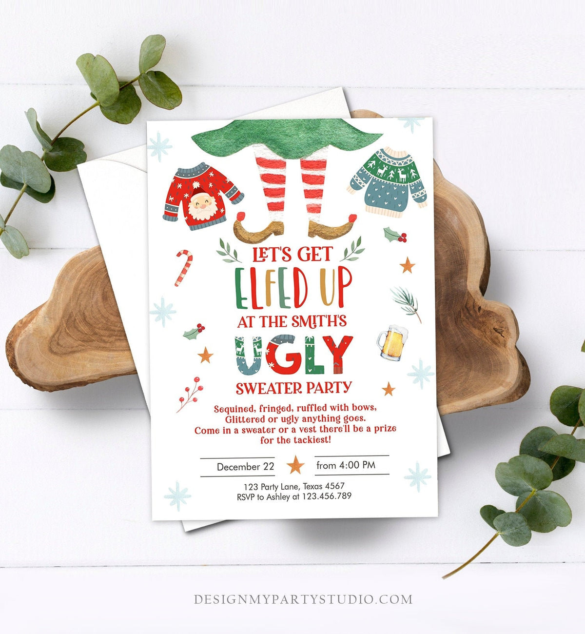 Editable Let&#39;s Get Elfed Up Christmas Party Invitation Framily Holiday Ugly Sweater Digital Evite Elf Digital Template Printable 0354