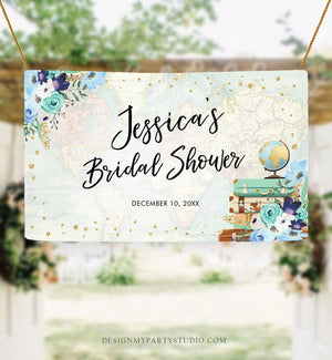 Editable Travel Adventure Backdrop Banner Welcome Bridal Shower Baby Shower Birthday Decor Sign Blue Floral Corjl Template Printable 0030