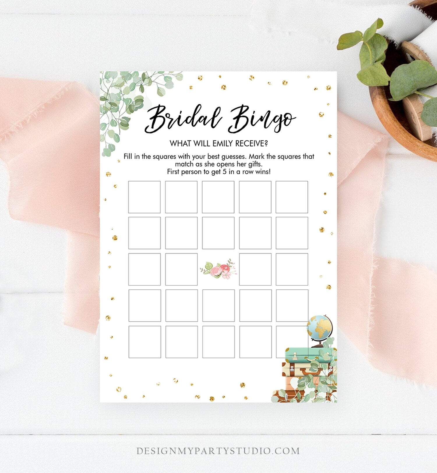 Editable Bingo Bridal Shower Game Wedding Shower Activity Eucalyptus Gold Confetti Travel Adventure Corjl Template Printable 0030 0318