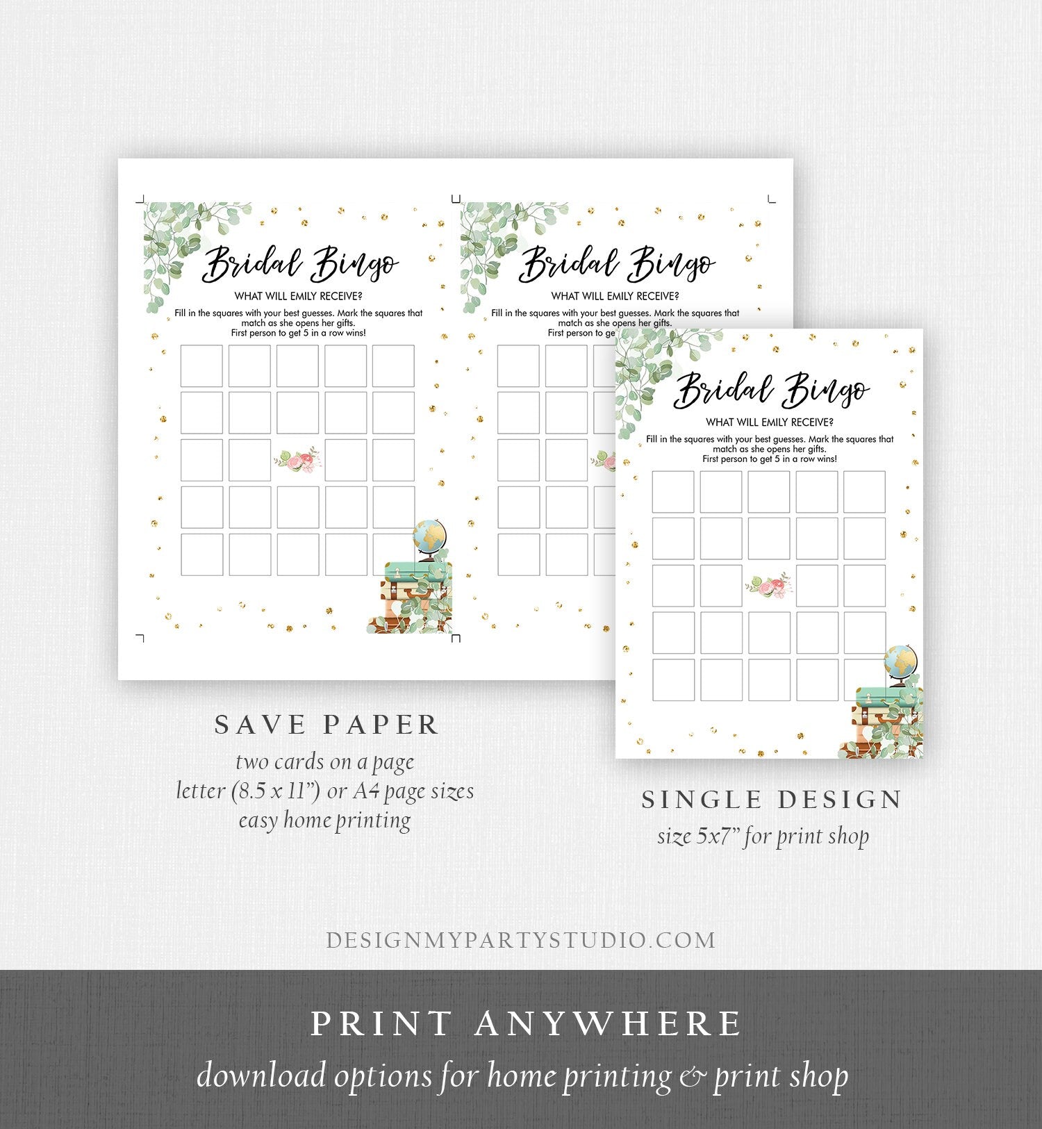 Editable Bingo Bridal Shower Game Wedding Shower Activity Eucalyptus Gold Confetti Travel Adventure Corjl Template Printable 0030 0318