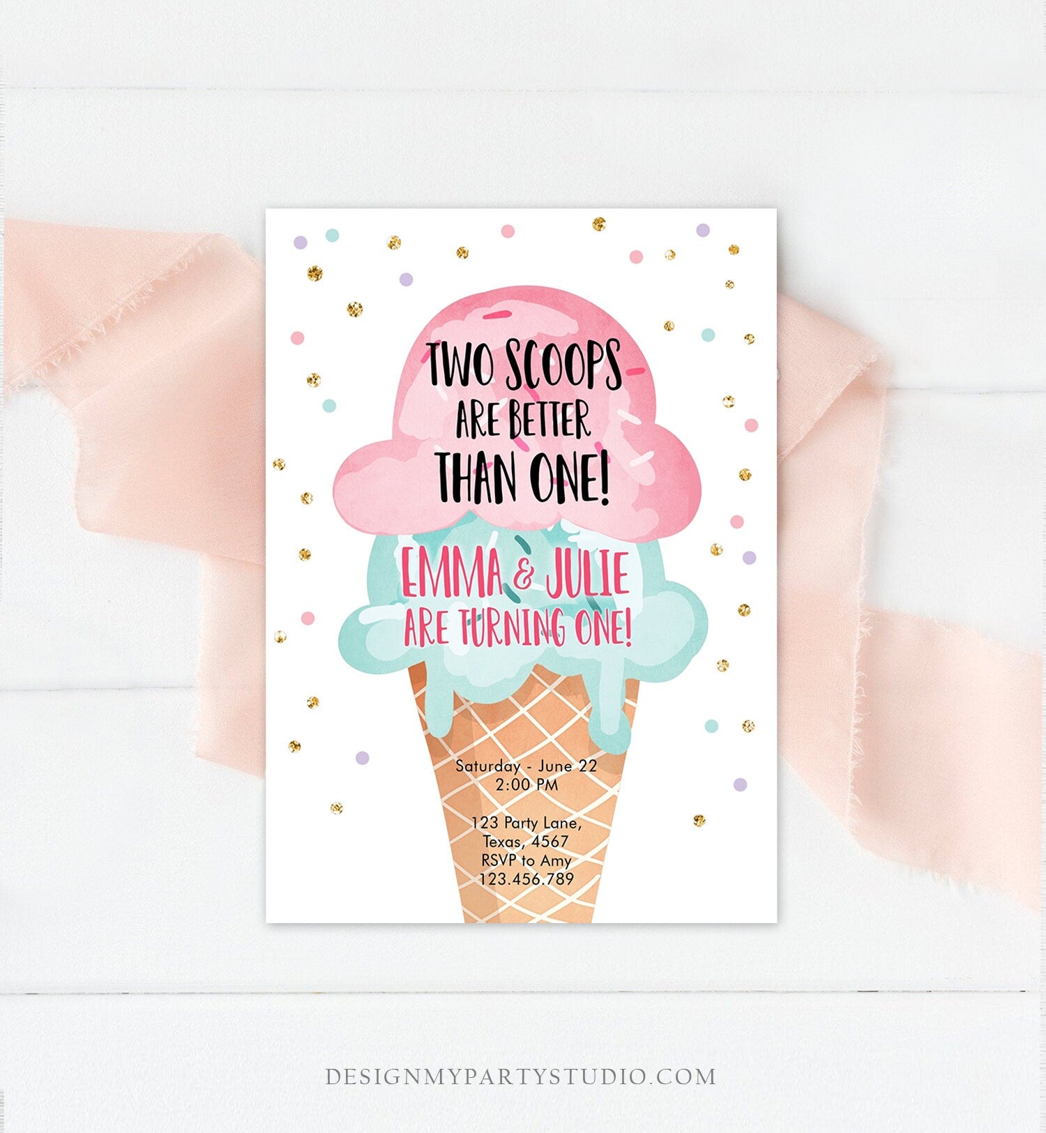 Editable Twin Ice Cream Birthday Invitation First Birthday Two is Better Than One Pink Mint Gold Download Printable Template Corjl 0243