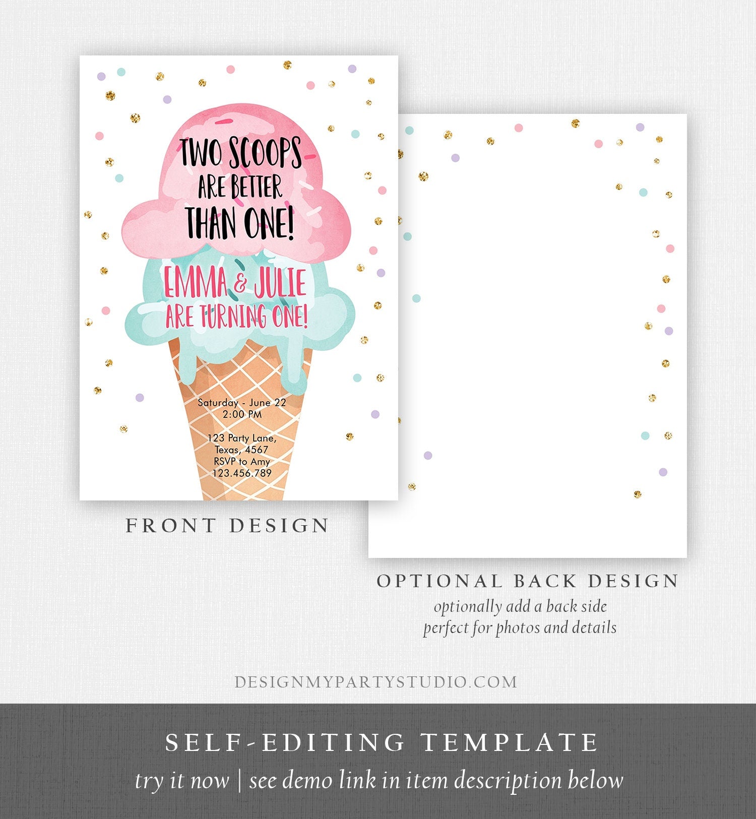 Editable Twin Ice Cream Birthday Invitation First Birthday Two is Better Than One Pink Mint Gold Download Printable Template Corjl 0243