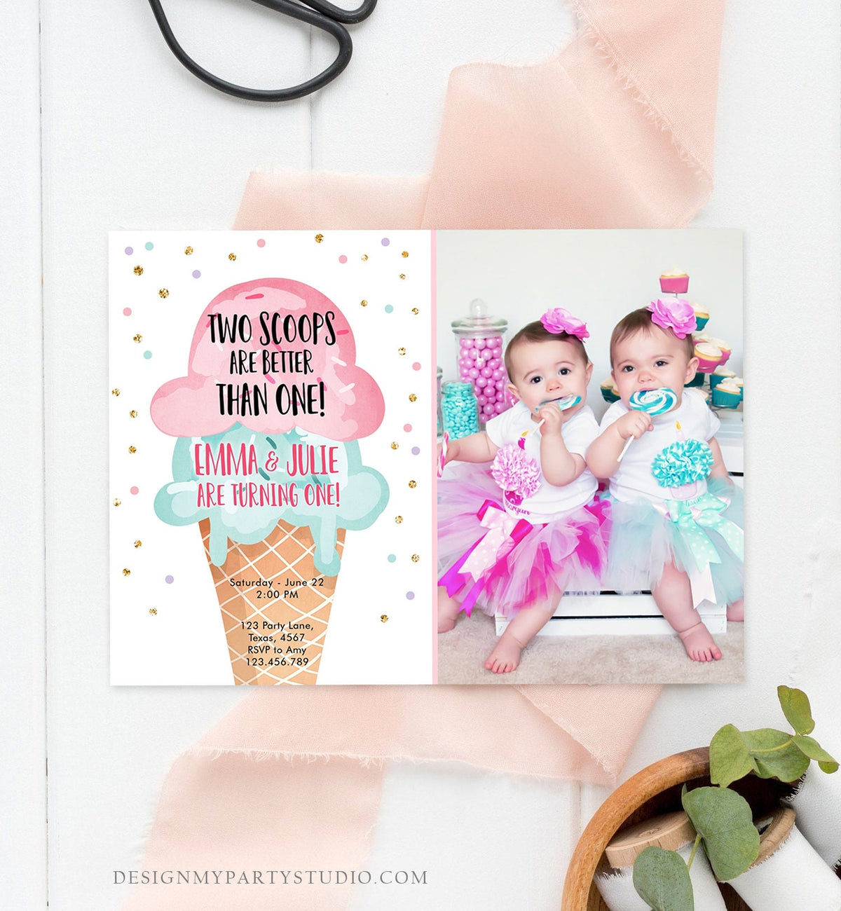 Editable Twin Ice Cream Birthday Invitation First Birthday Two is Better Than One Pink Mint Gold Download Printable Template Corjl 0243