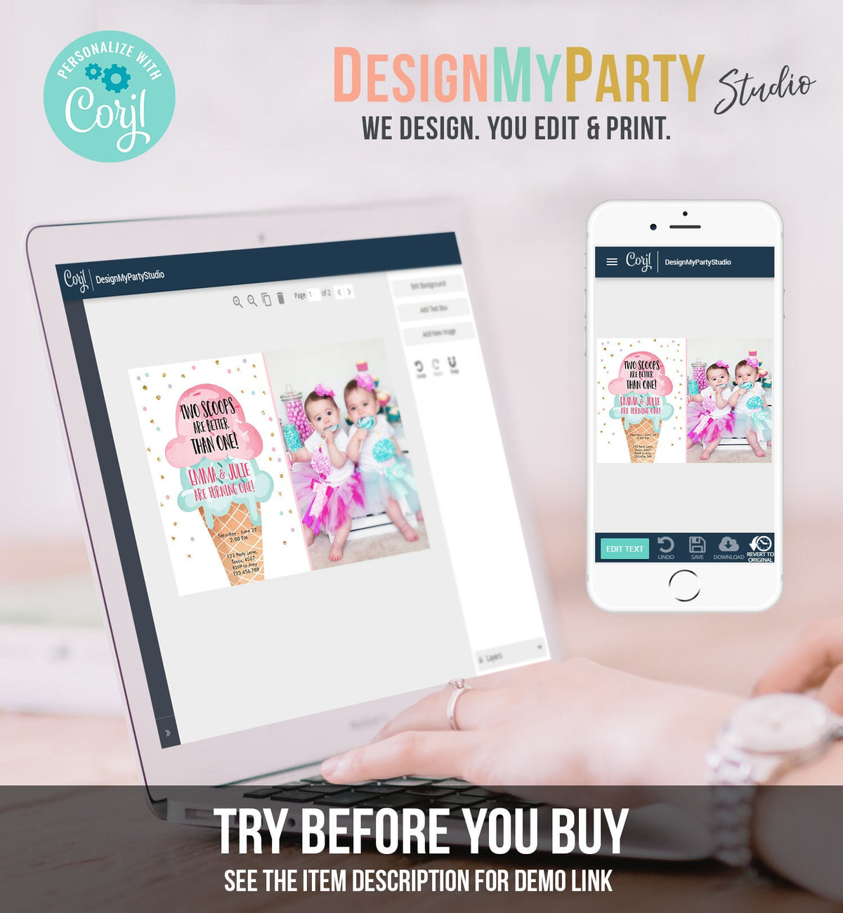 Editable Twin Ice Cream Birthday Invitation First Birthday Two is Better Than One Pink Mint Gold Download Printable Template Corjl 0243