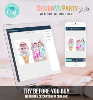 Editable Twin Ice Cream Birthday Invitation First Birthday Two is Better Than One Pink Mint Gold Download Printable Template Corjl 0243