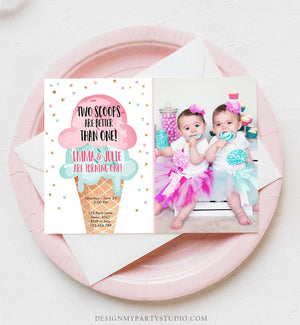 Editable Twin Ice Cream Birthday Invitation First Birthday Two is Better Than One Pink Mint Gold Download Printable Template Corjl 0243