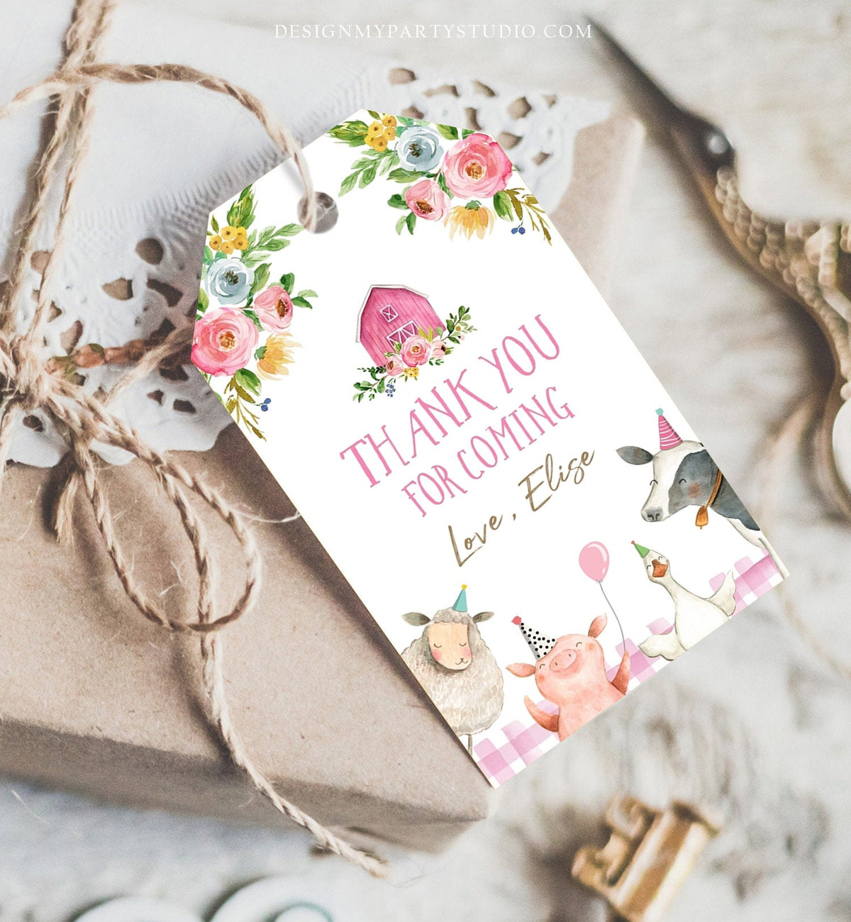 Editable Farm Favor Tags Tags Pink Farm Birthday Thank you tags Barnyard Gift Tags Girl Birthday Digital Download Template Printable 0155