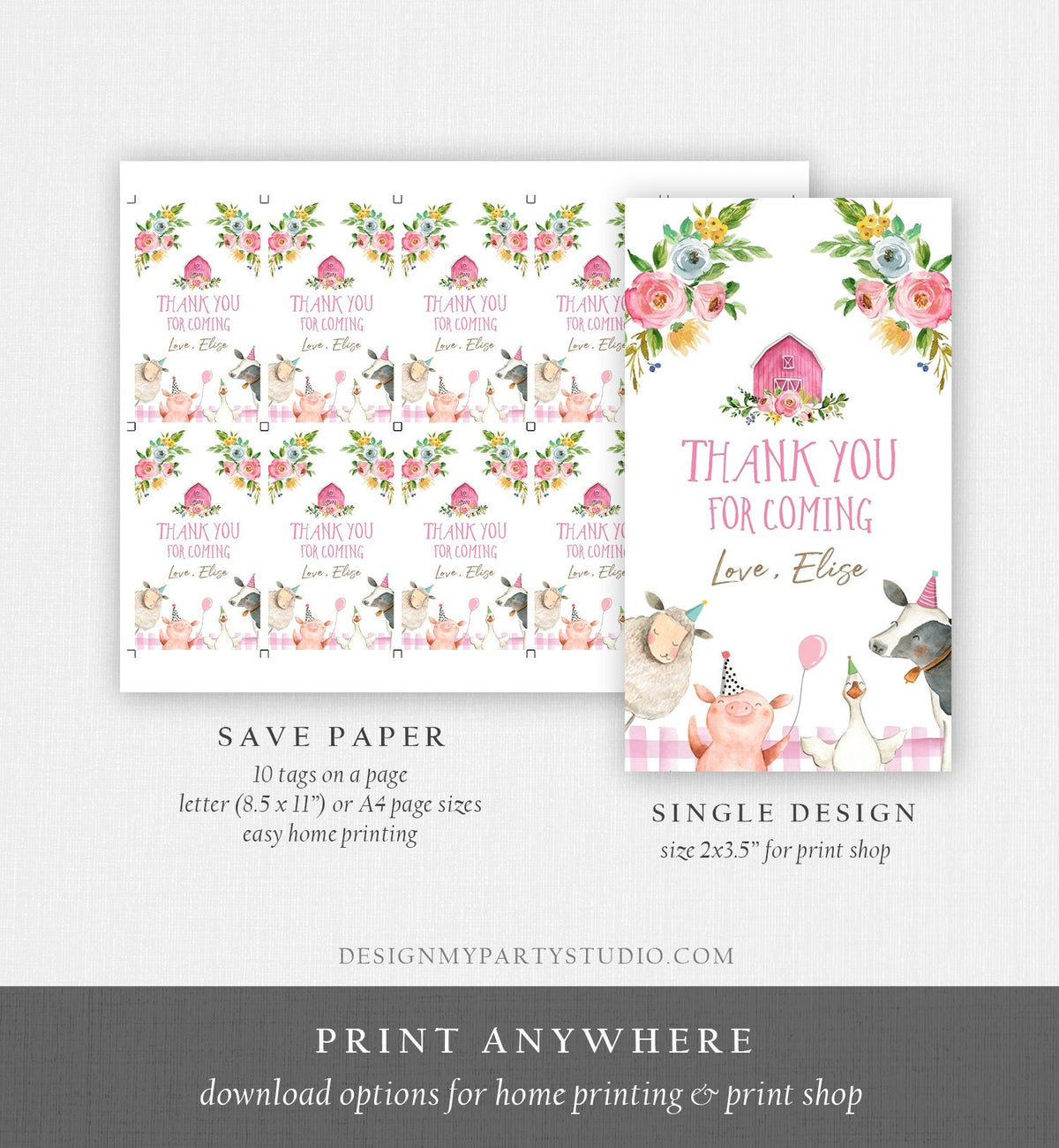 Editable Farm Favor Tags Tags Pink Farm Birthday Thank you tags Barnyard Gift Tags Girl Birthday Digital Download Template Printable 0155