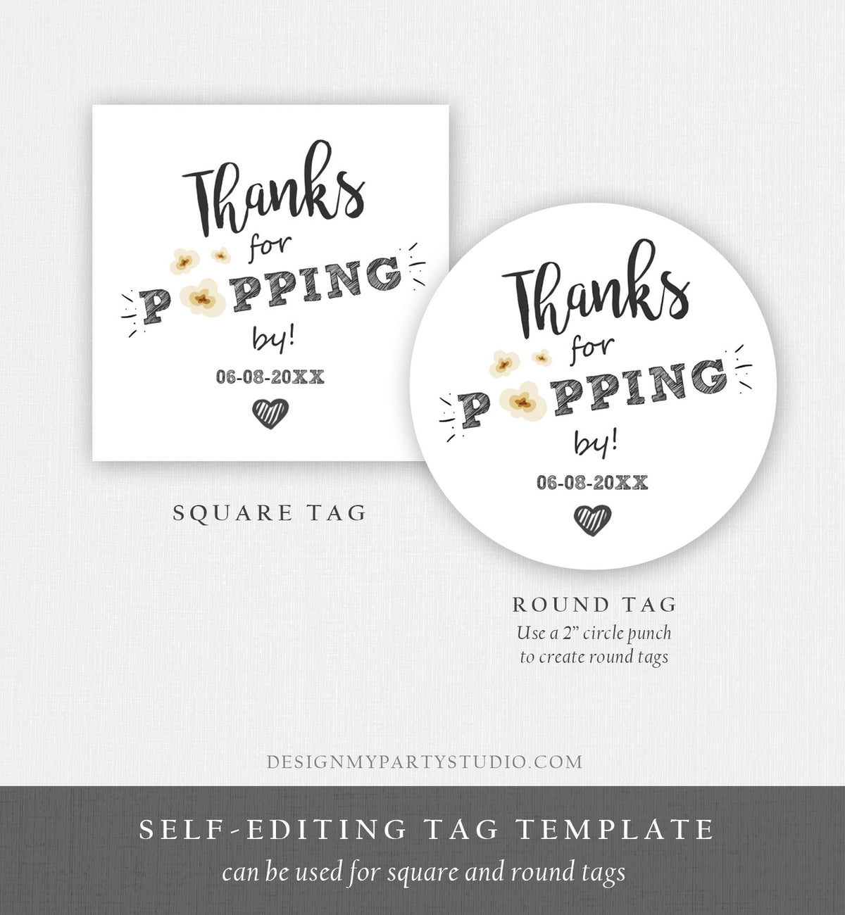 Editable Thanks For Popping By Gift Popcorn Favor Tag String Lights Bridal Shower Wedding Birthday Party Stickers Template Corjl 0110