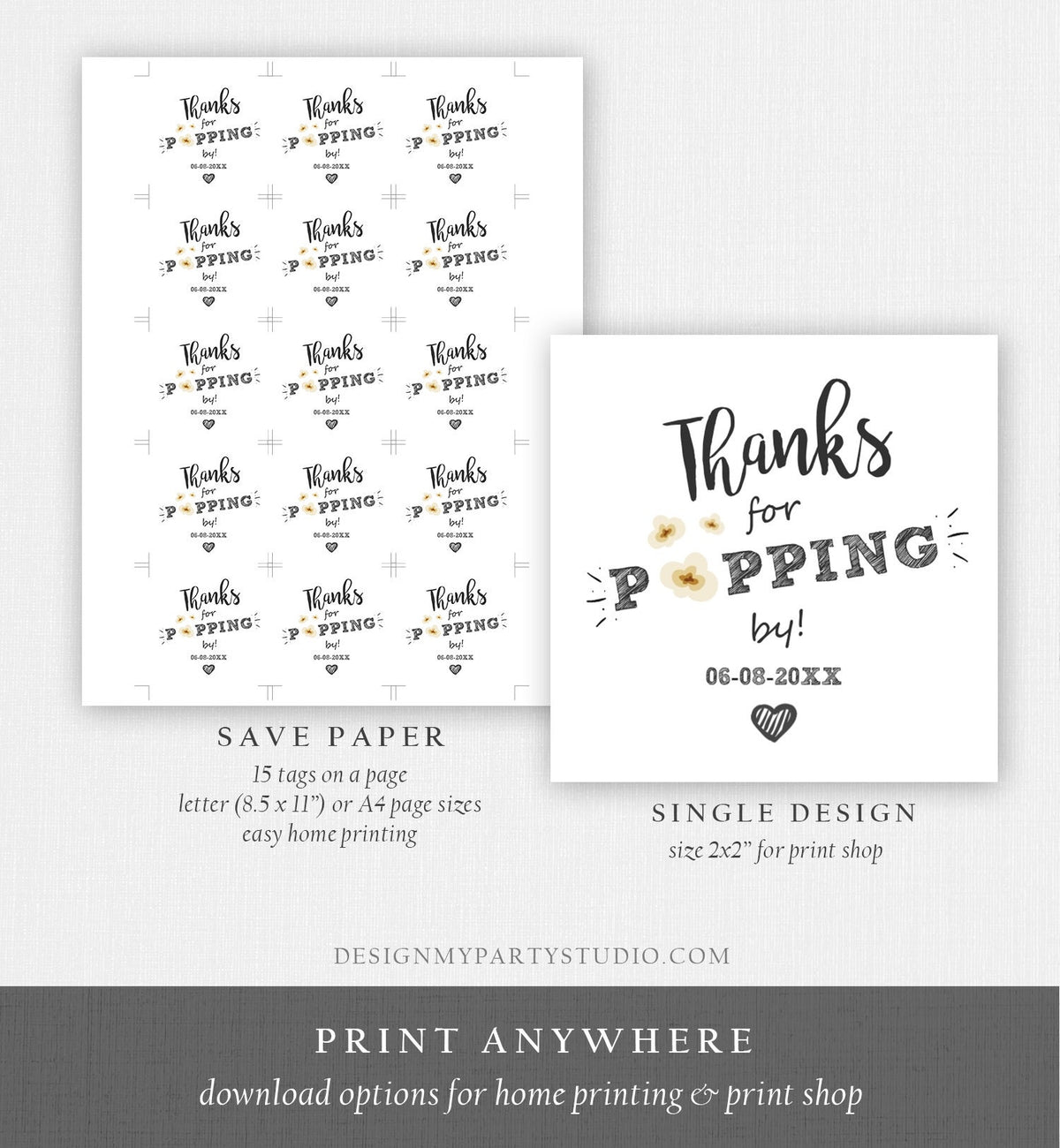 Editable Thanks For Popping By Gift Popcorn Favor Tag String Lights Bridal Shower Wedding Birthday Party Stickers Template Corjl 0110