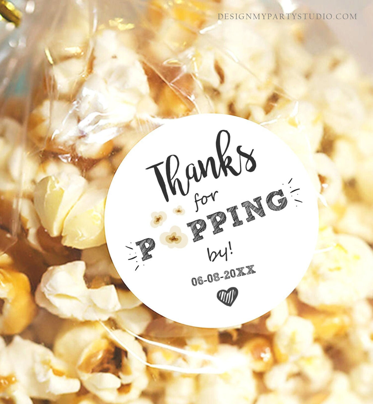 Editable Thanks For Popping By Gift Popcorn Favor Tag String Lights Bridal Shower Wedding Birthday Party Stickers Template Corjl 0110