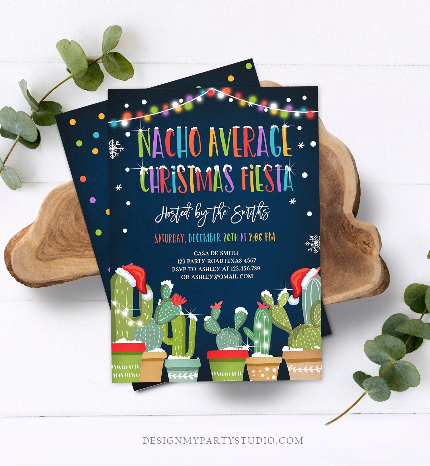 Editable Nacho Average Christmas Fiesta Invitation Cactus Mexican Holiday Feliz Navidad Digital Download Evite Template Printable 0273