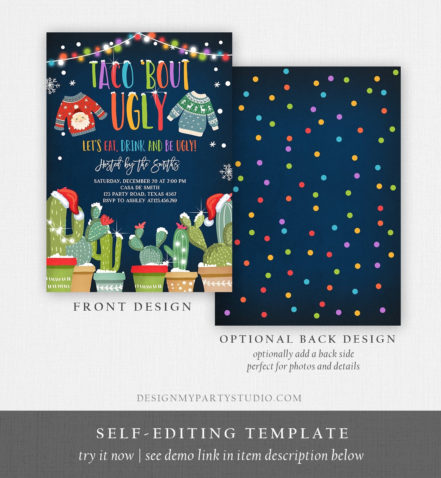 Editable Taco Bout Ugly Sweater Christmas Invitation Fiesta Cactus Mexican Holiday Feliz Navidad Digital Evite Template Printable 0273