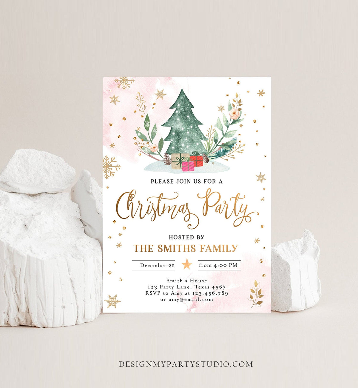 Editable Christmas Party Invitation Holiday Company It&#39;s Cold Outside Business Family Pink Gold Tree Digital Evite Template Printable 0353