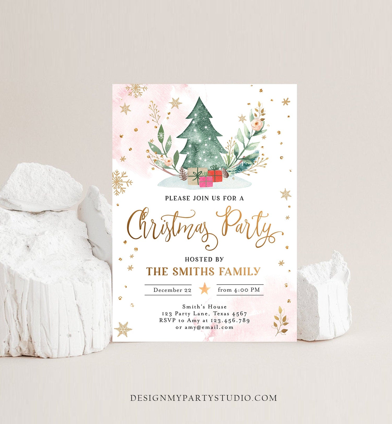 Editable Christmas Party Invitation Holiday Company It's Cold Outside Business Family Pink Gold Tree Digital Evite Template Printable 0353