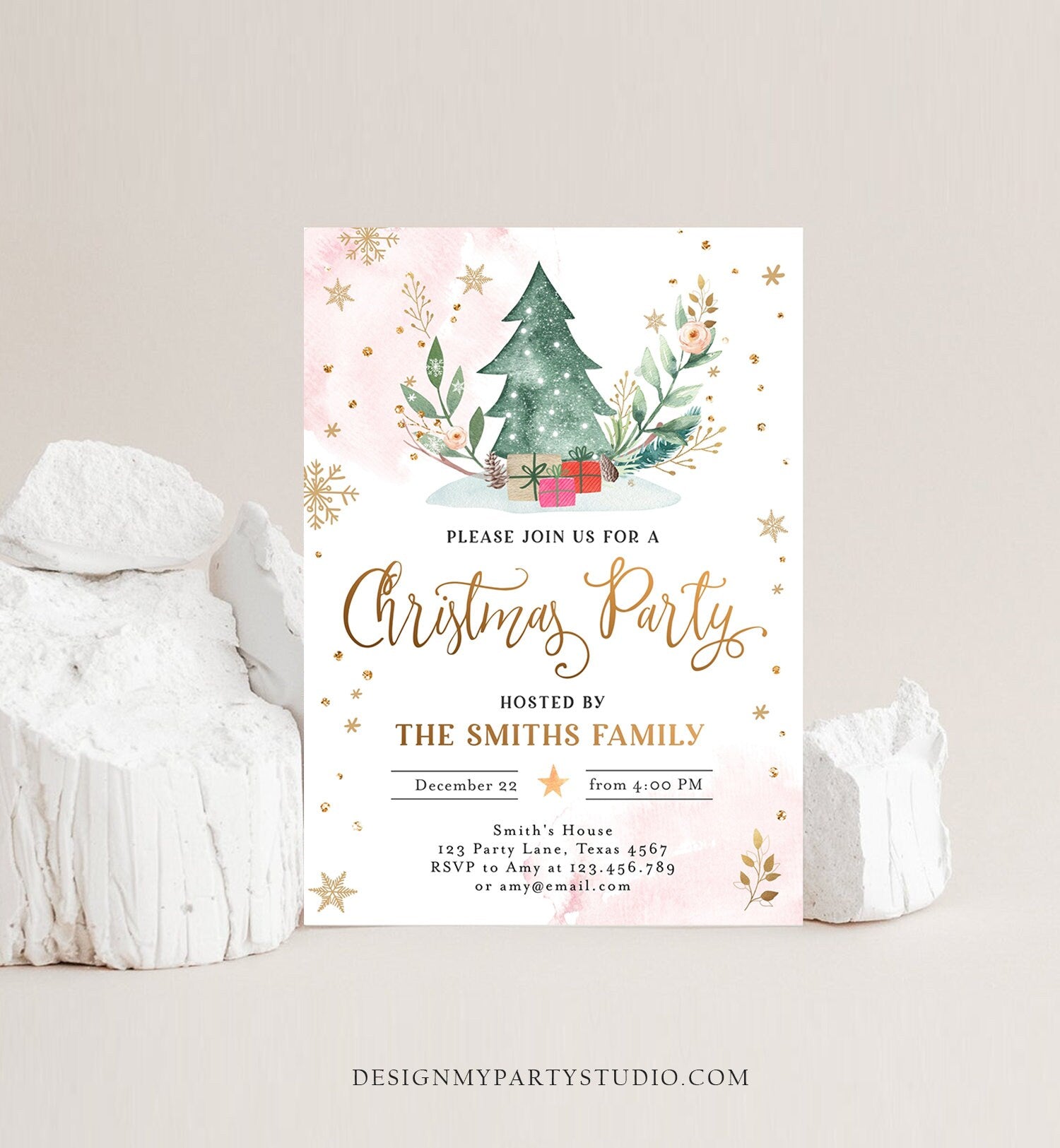 Editable Christmas Party Invitation Holiday Company It's Cold Outside Business Family Pink Gold Tree Corjl Template Download Printable 0353