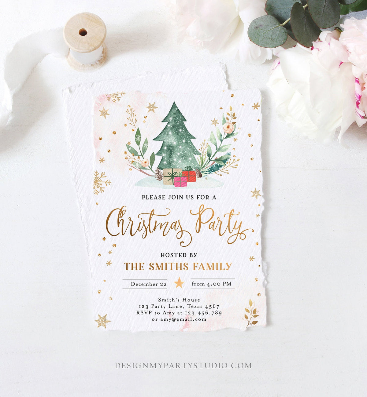 Editable Christmas Party Invitation Holiday Company It&#39;s Cold Outside Business Family Pink Gold Tree Digital Evite Template Printable 0353