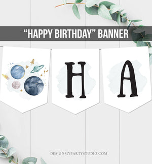 Happy Birthday Banner Outer Space Planets Banner Boy Galaxy First Birthday Decorations Rocket Instant download PRINTABLE DIGITAL DIY 0357