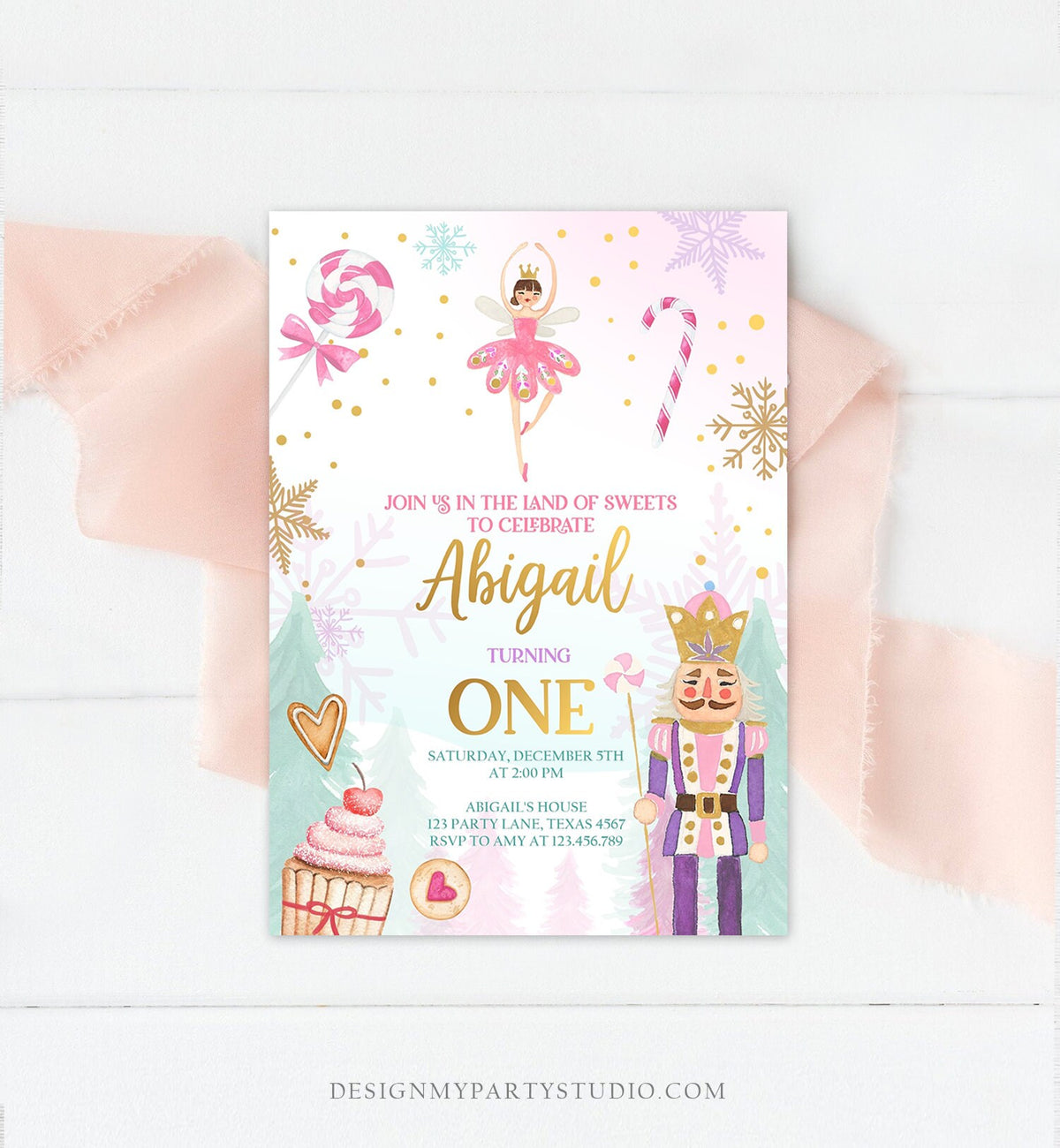 Editable Nutcracker Birthday Invitation Girl Land of Sweets Winter Pink Girl Sugar Plum Fairy Digital Download Template Printable 0352