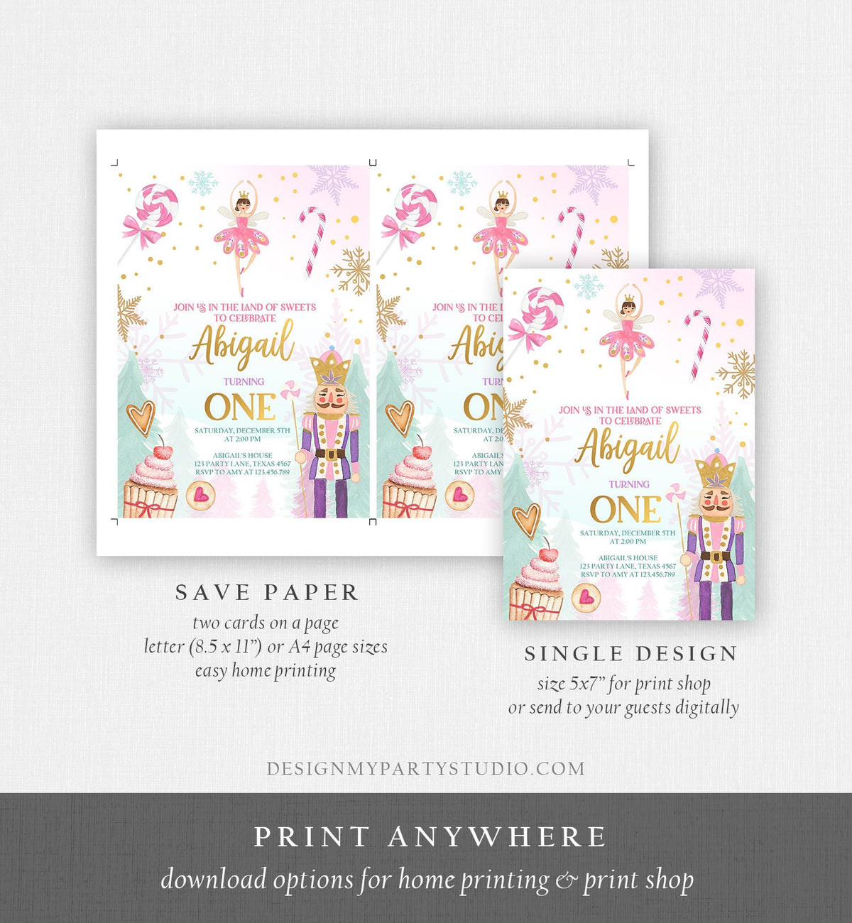 Editable Nutcracker Birthday Invitation Girl Land of Sweets Winter Pink Girl Sugar Plum Fairy Digital Download Template Printable 0352