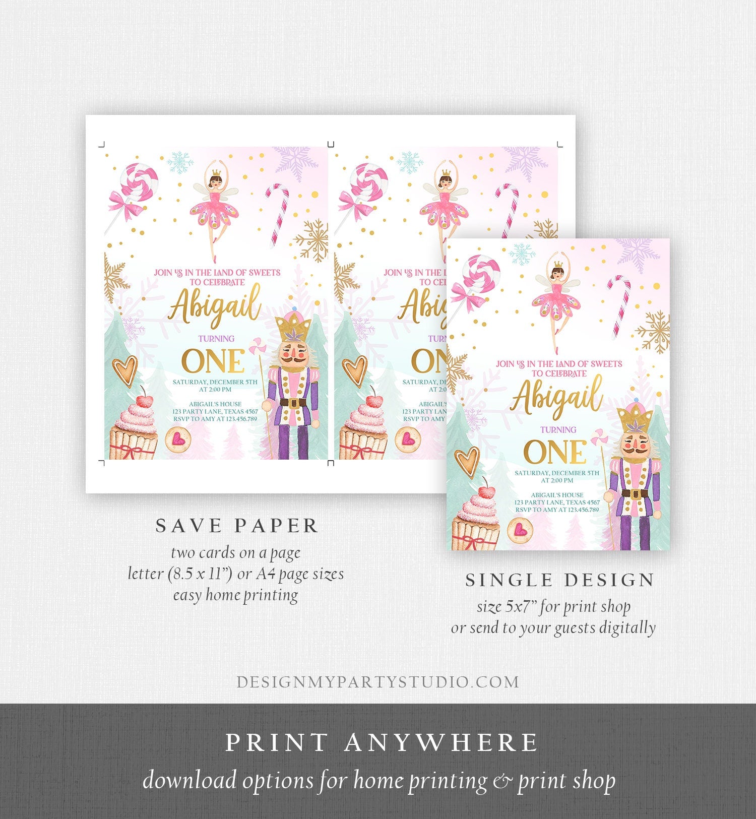 Editable Nutcracker Birthday Invitation Girl Land of Sweets Winter Pink Girl Sugar Plum Fairy Digital Download Template Printable 0352