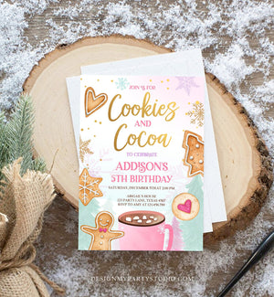 Editable Cookies and Cocoa Invitation Hot Cocoa Party Hot Chocolate Christmas Birthday Girl Pink Gold Download Printable Template Corjl 0352