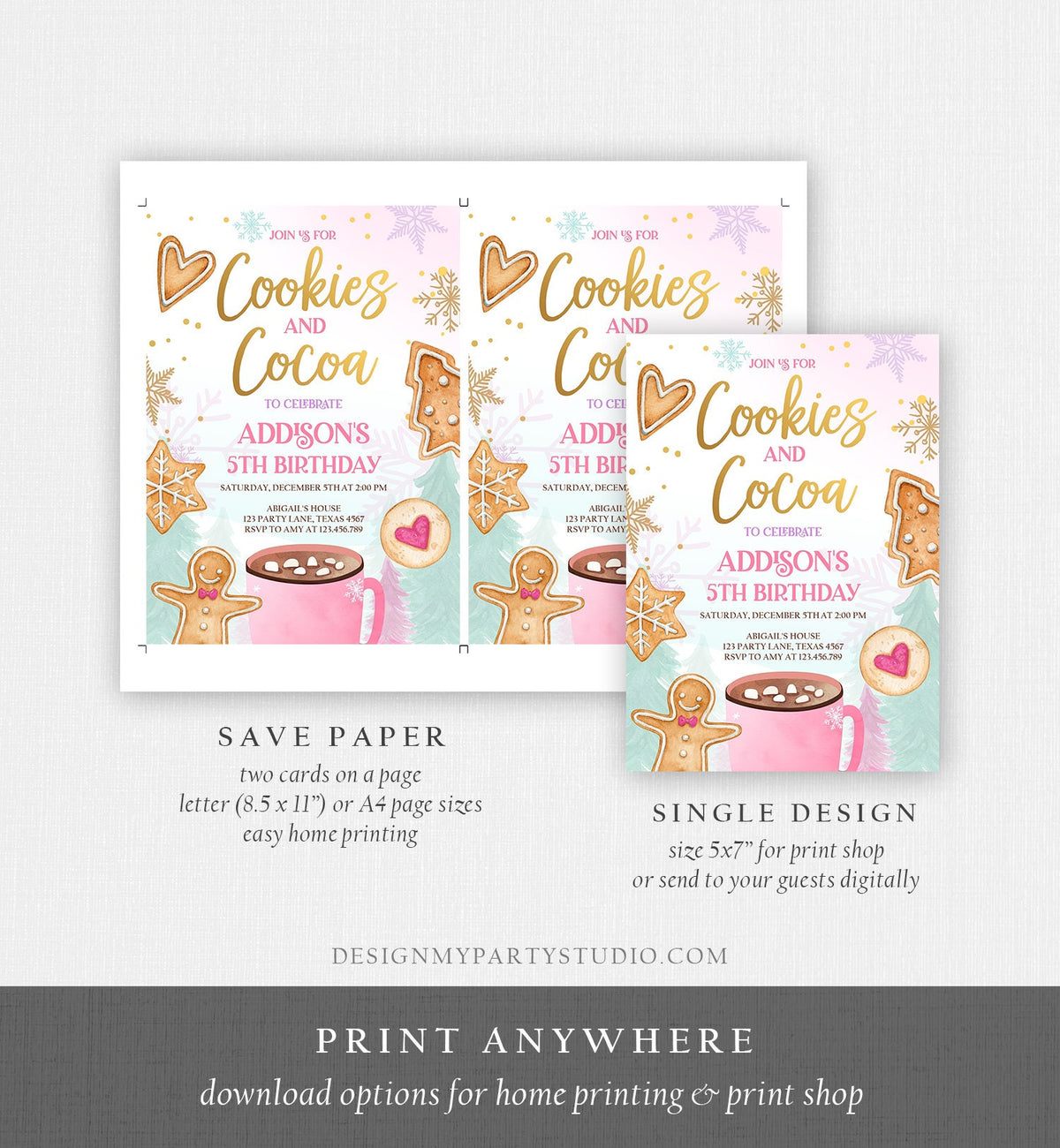 Editable Cookies and Cocoa Invitation Hot Cocoa Party Hot Chocolate Christmas Birthday Girl Pink Gold Download Printable Template Corjl 0352