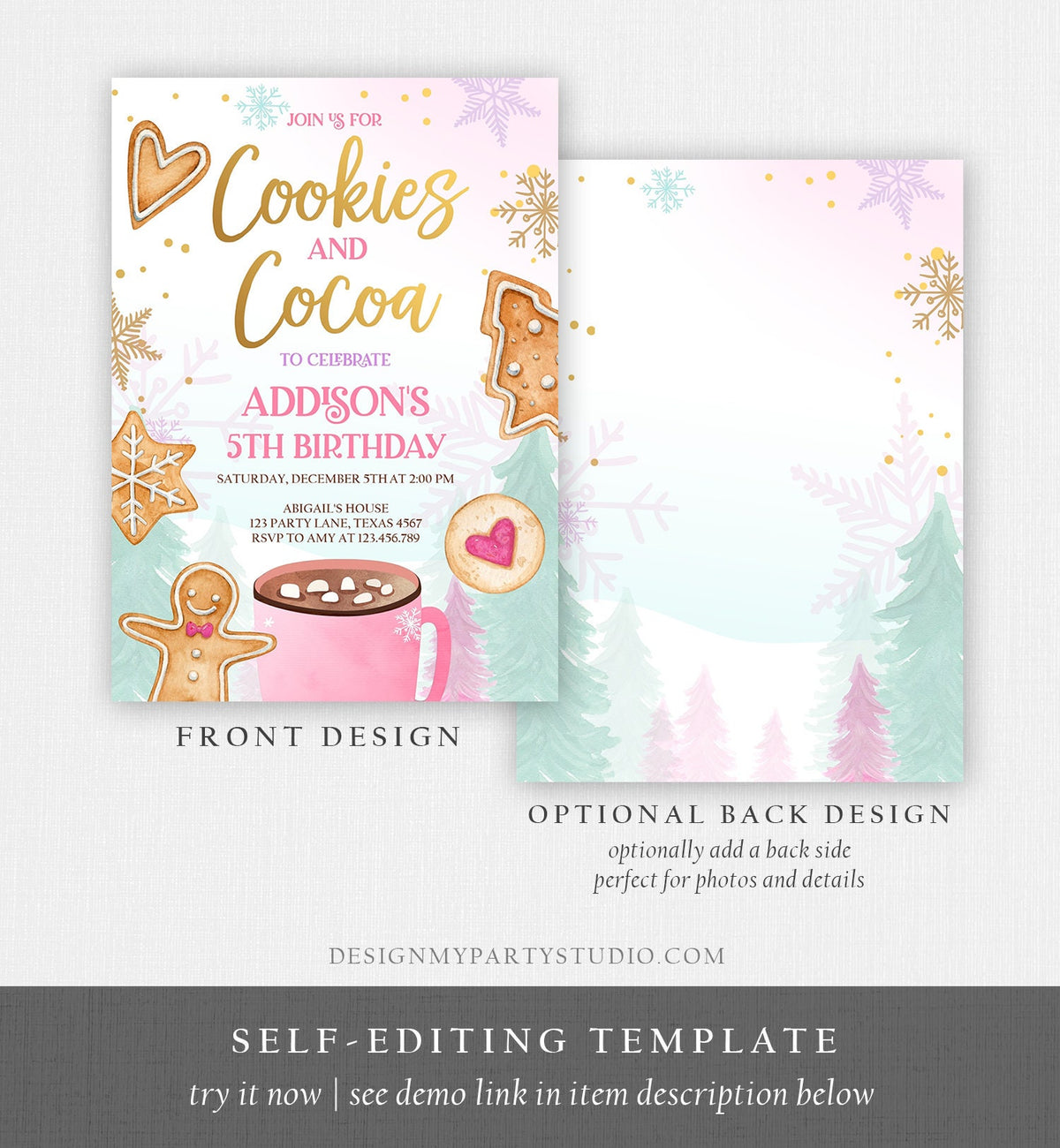 Editable Cookies and Cocoa Invitation Hot Cocoa Party Hot Chocolate Christmas Birthday Girl Pink Gold Download Printable Template Corjl 0352