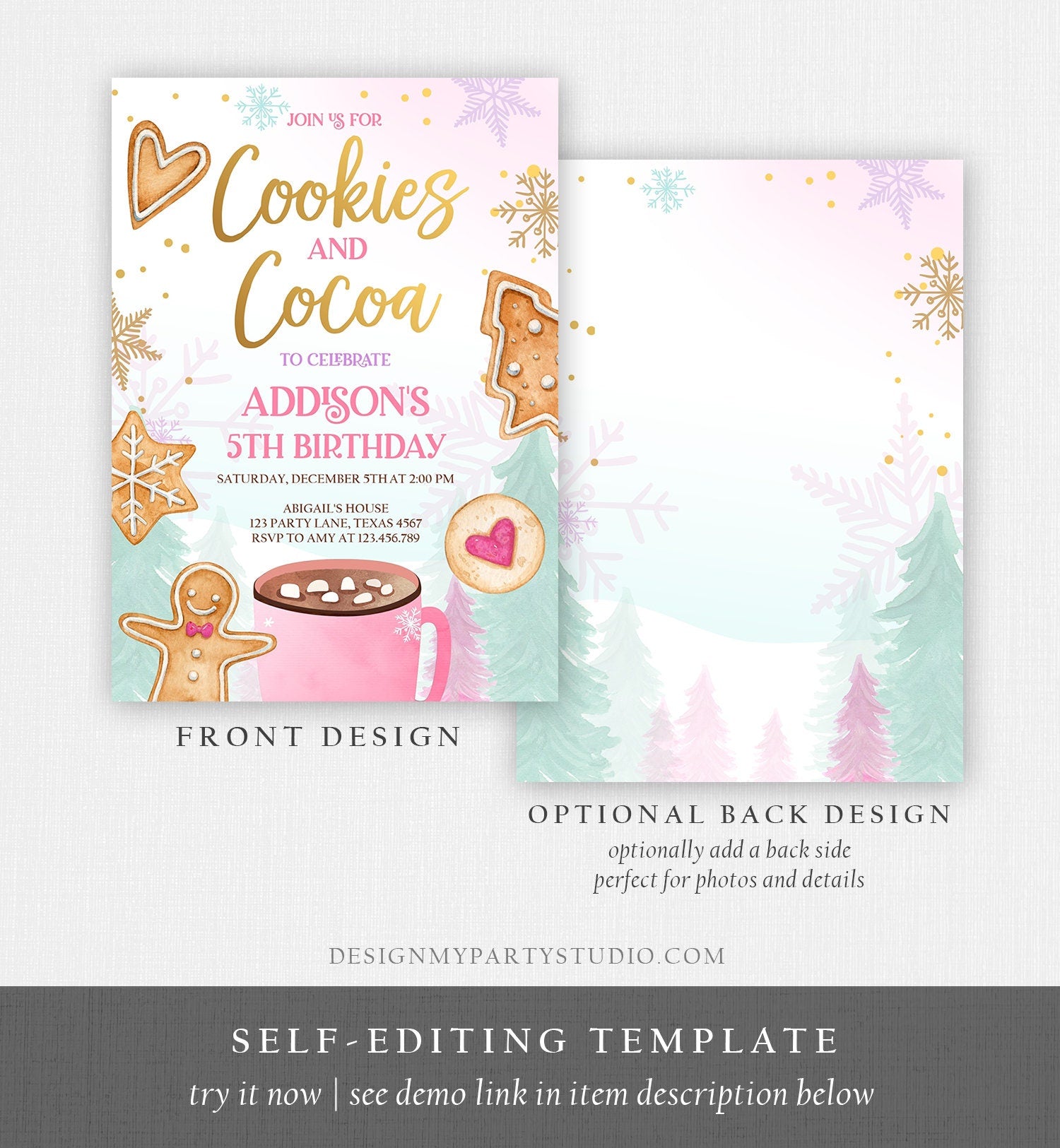 Editable Cookies and Cocoa Invitation Hot Cocoa Party Hot Chocolate Christmas Birthday Girl Pink Gold Download Printable Template Corjl 0352