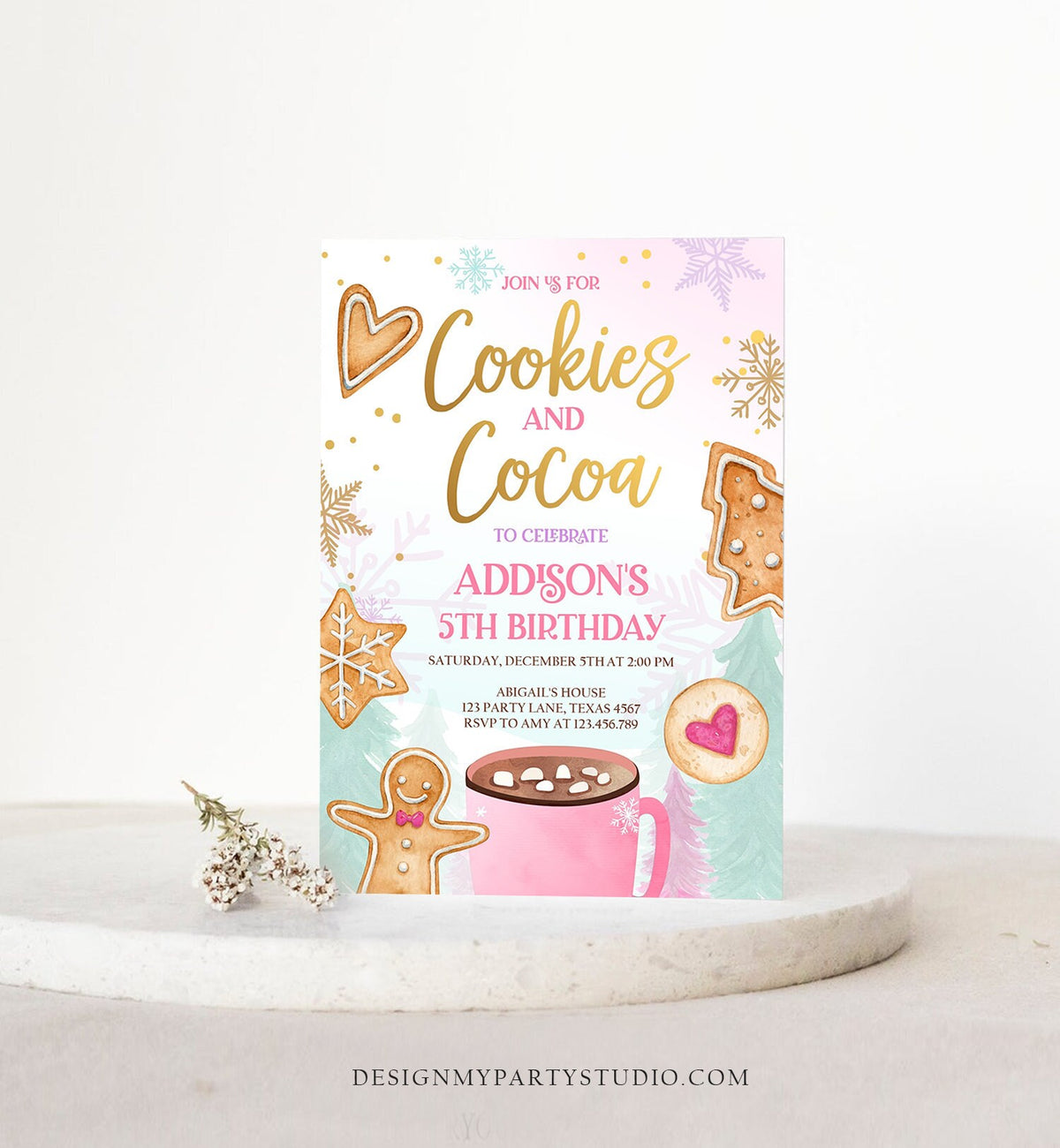 Editable Cookies and Cocoa Invitation Hot Cocoa Party Hot Chocolate Christmas Birthday Girl Pink Gold Download Printable Template Corjl 0352
