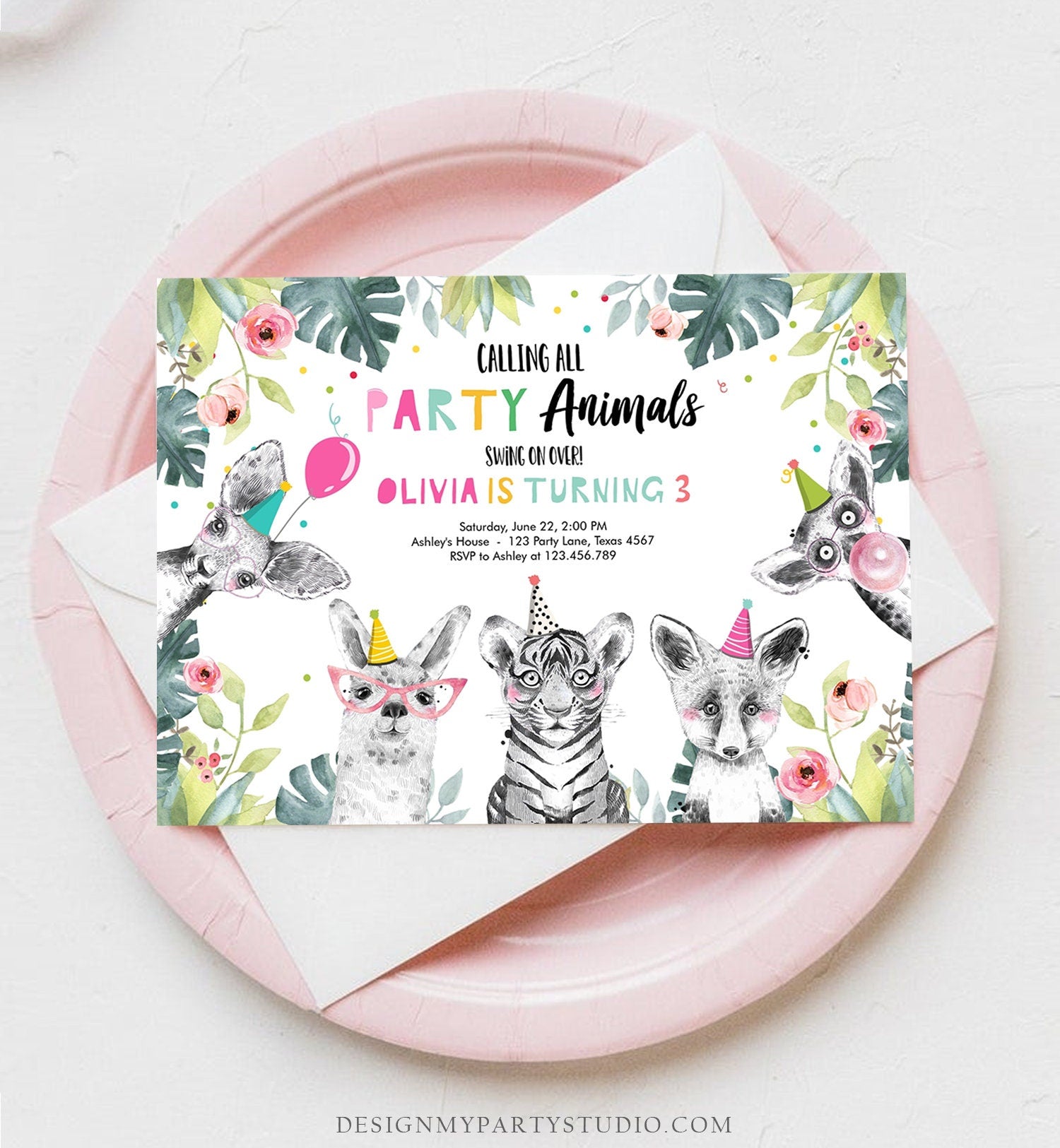 Editable Party Animals Birthday Invitation Exotic Wild Animals Invitation Zoo Safari Animals Girl Download Printable Template Corjl 0322