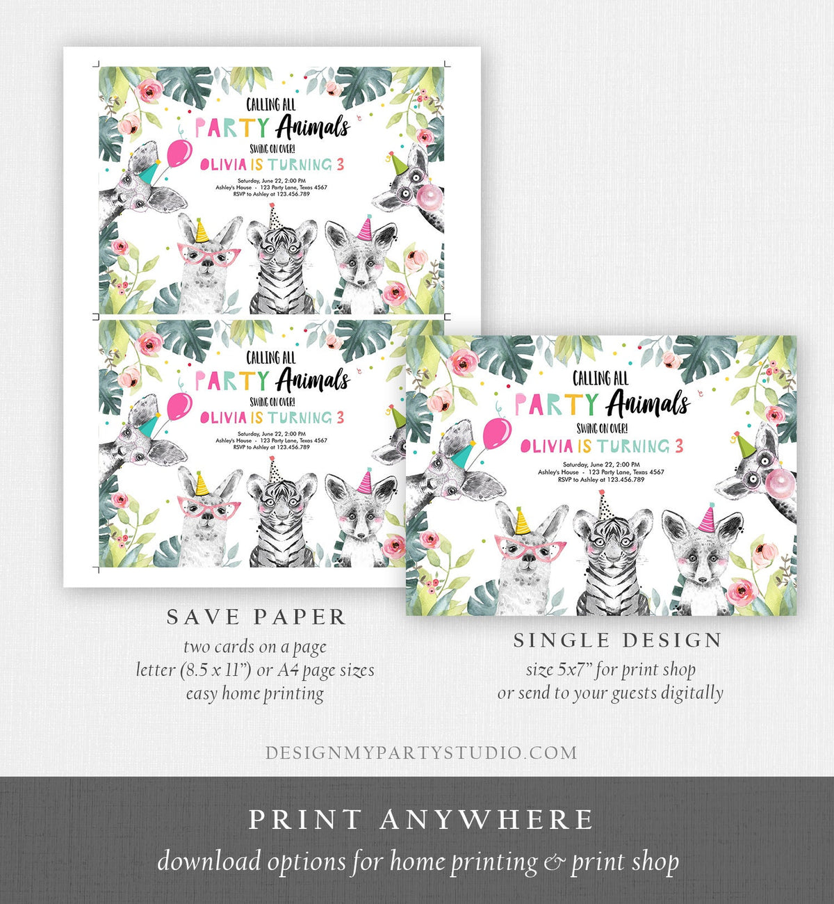 Editable Party Animals Birthday Invitation Exotic Wild Animals Invitation Zoo Safari Animals Girl Download Printable Template Corjl 0322