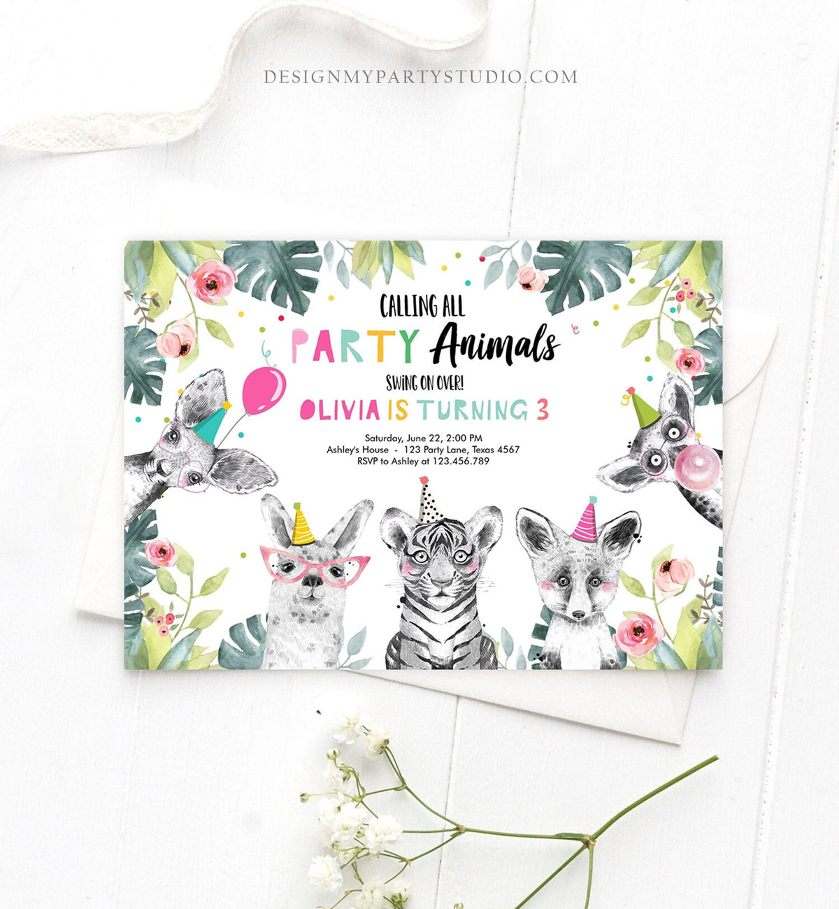Editable Party Animals Birthday Invitation Exotic Wild Animals Invitation Zoo Safari Animals Girl Download Printable Template Corjl 0322