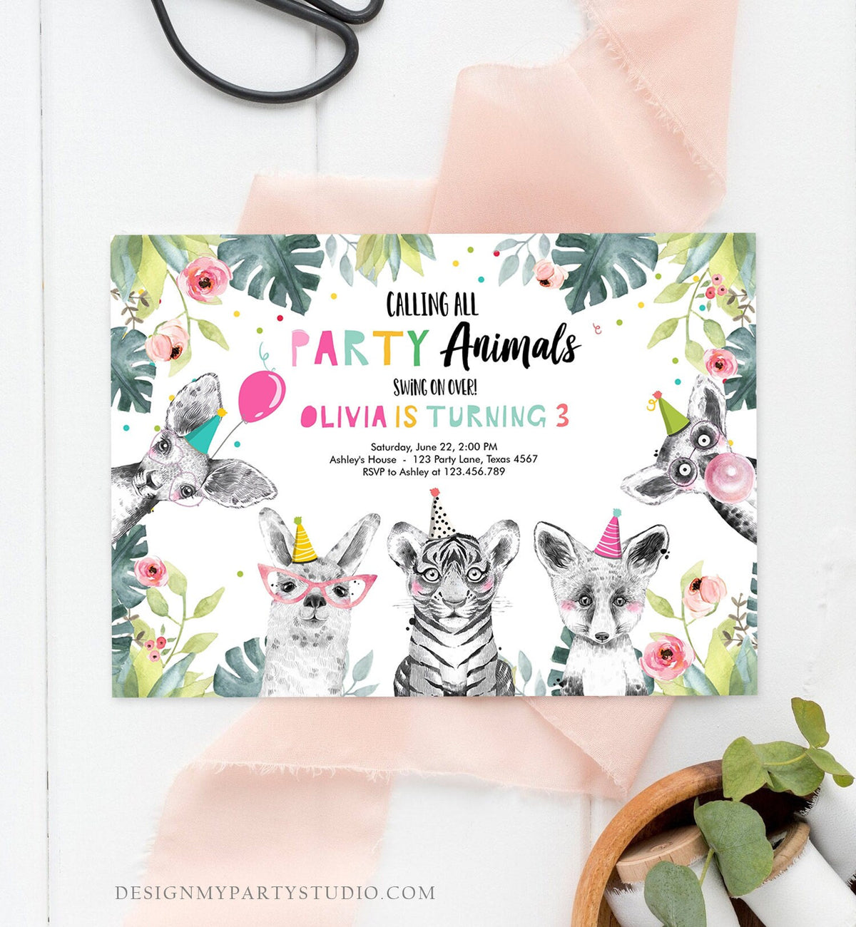 Editable Party Animals Birthday Invitation Exotic Wild Animals Invitation Zoo Safari Animals Girl Download Printable Template Corjl 0322
