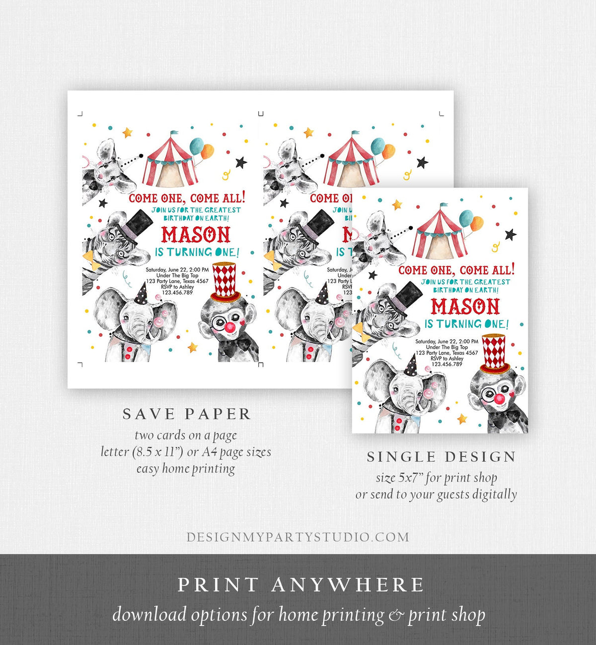 Editable Circus Birthday Invitation Party Animals Circus Invitation Carnival Invite Instant Download Printable Template Digital Corjl 0355