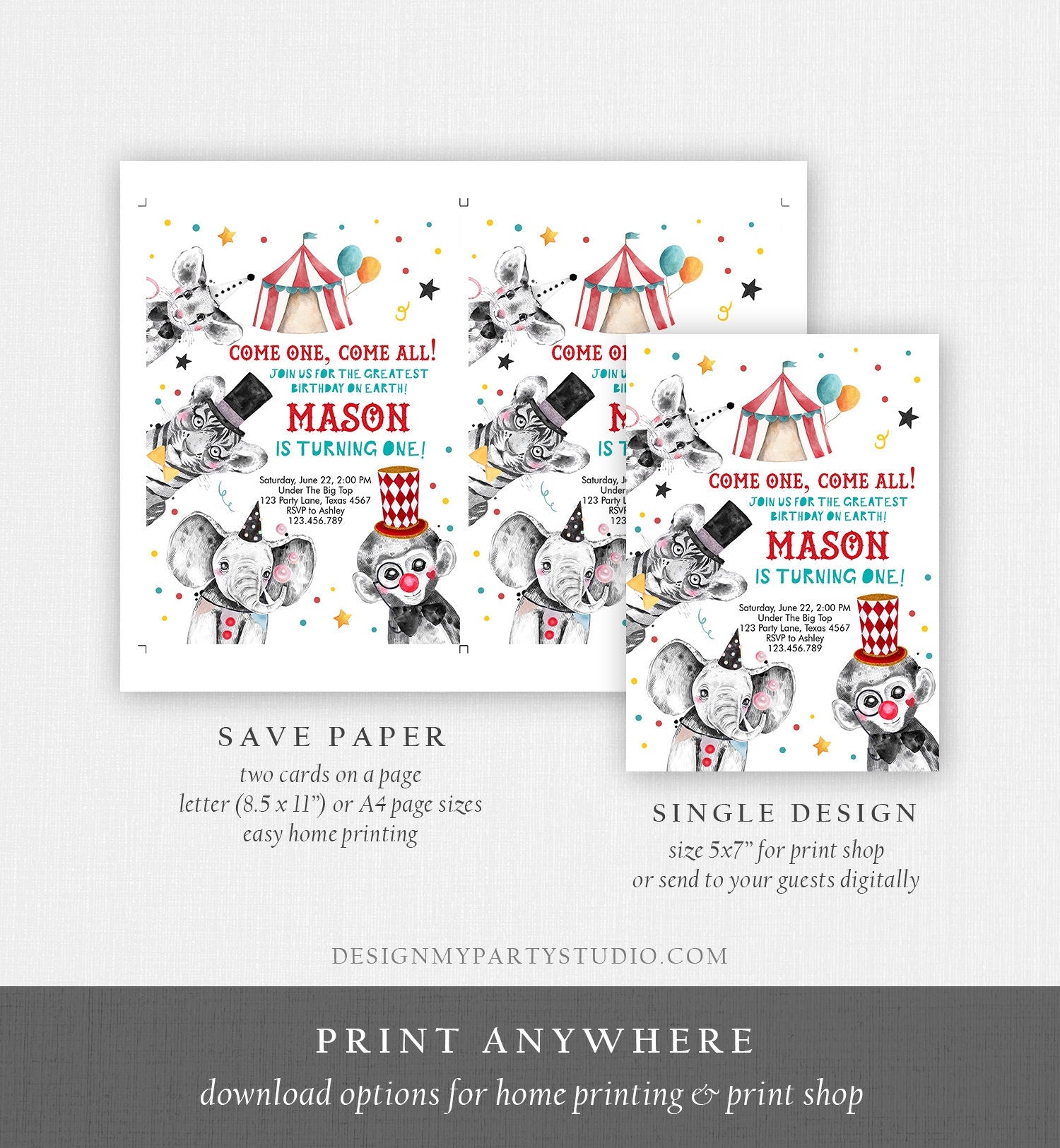 Editable Circus Birthday Invitation Party Animals Circus Invitation Carnival Invite Instant Download Printable Template Digital Corjl 0355
