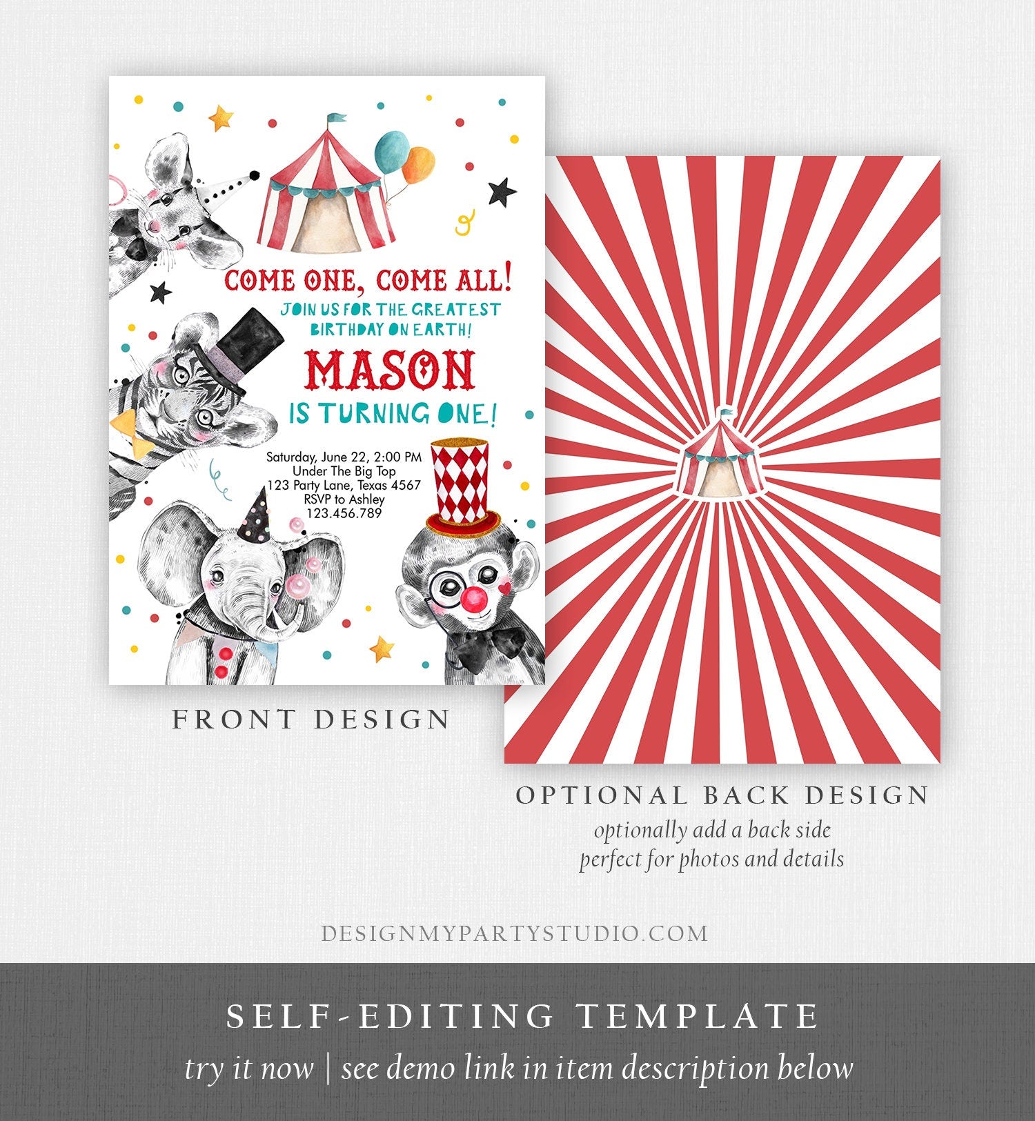 Editable Circus Birthday Invitation Party Animals Circus Invitation Carnival Invite Instant Download Printable Template Digital Corjl 0355